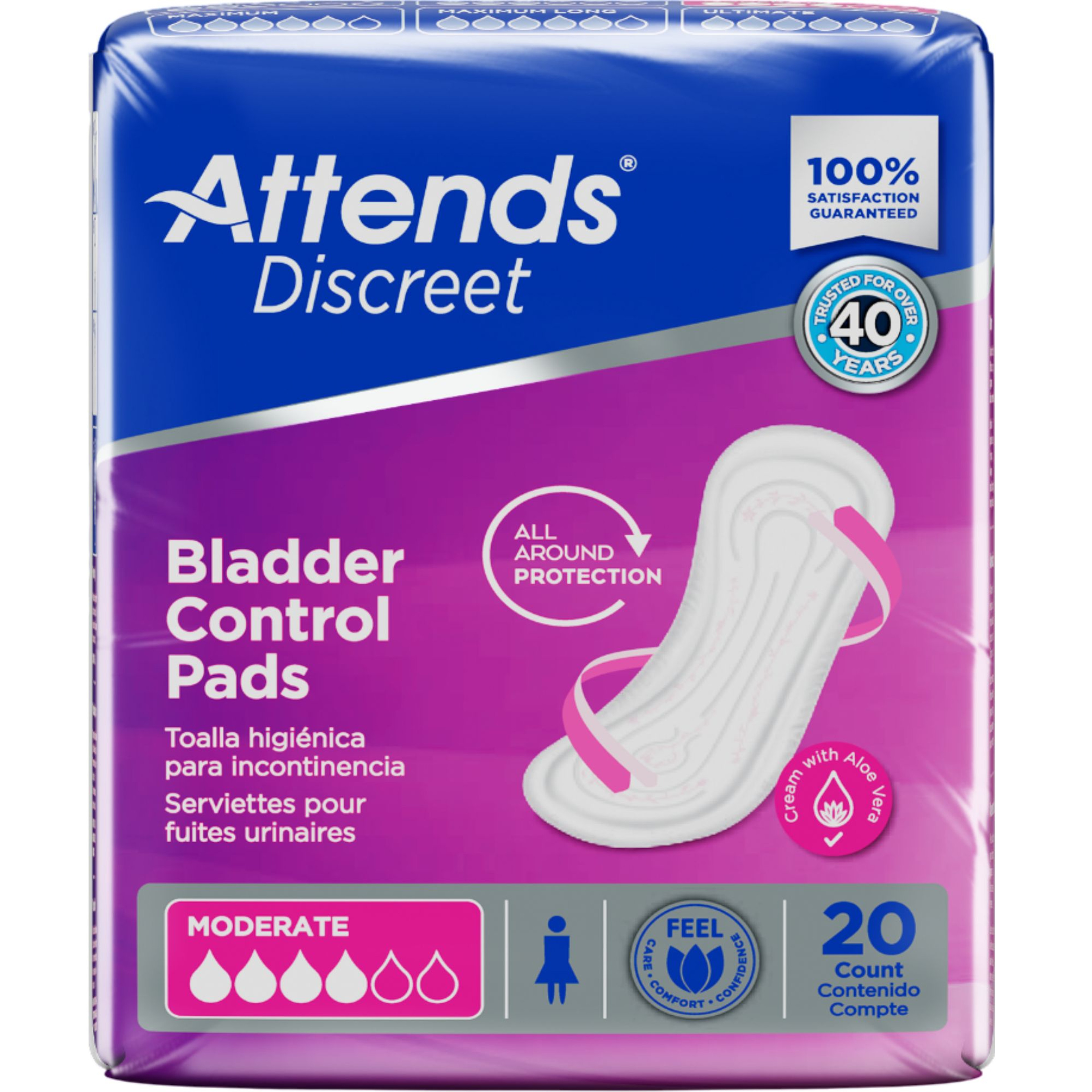 Attends Discreet Women's Incontinence Bladder Control Pads, Moderate Absorbency