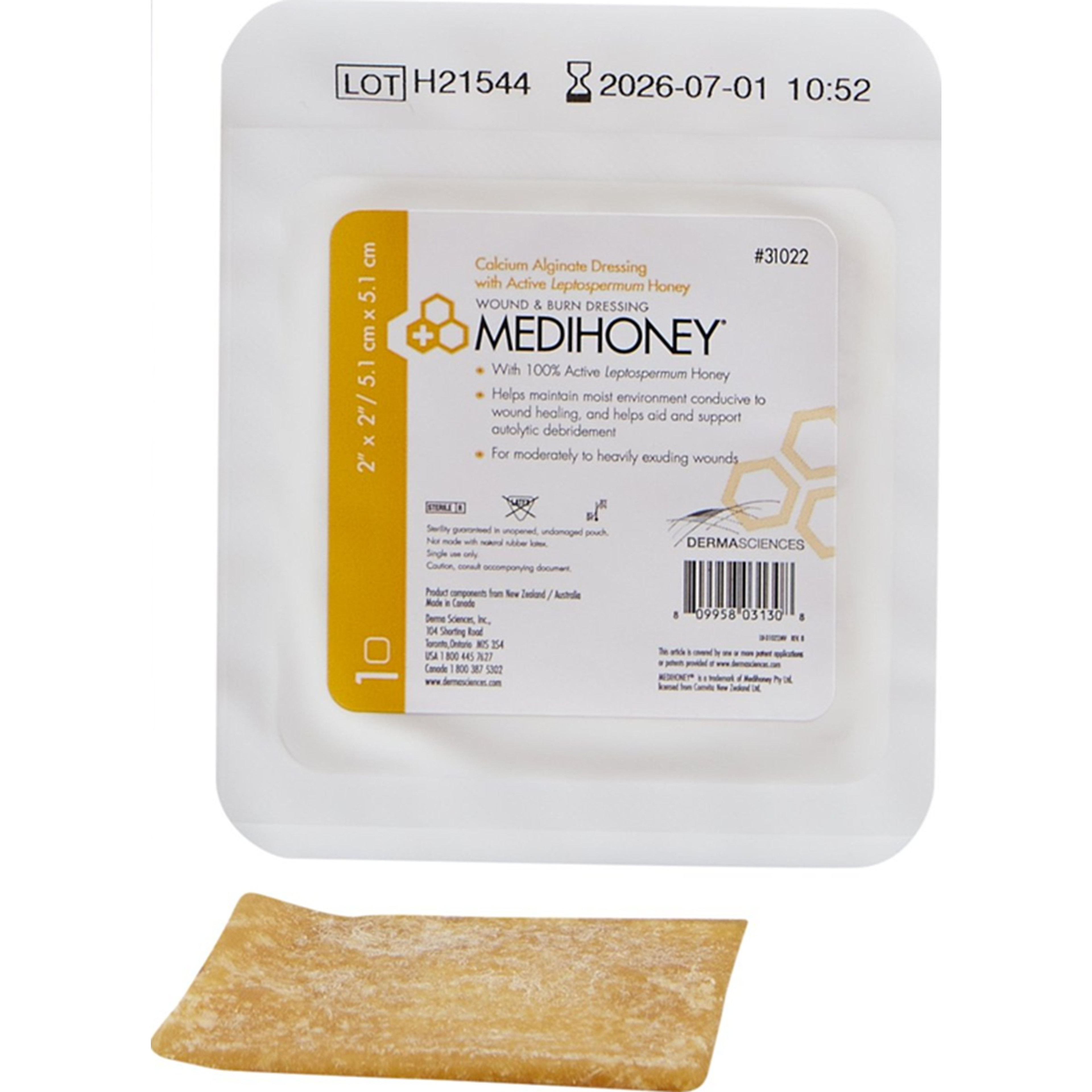 MediHoney Square Calcium Alginate Dressing, 2 Inch, Sterile