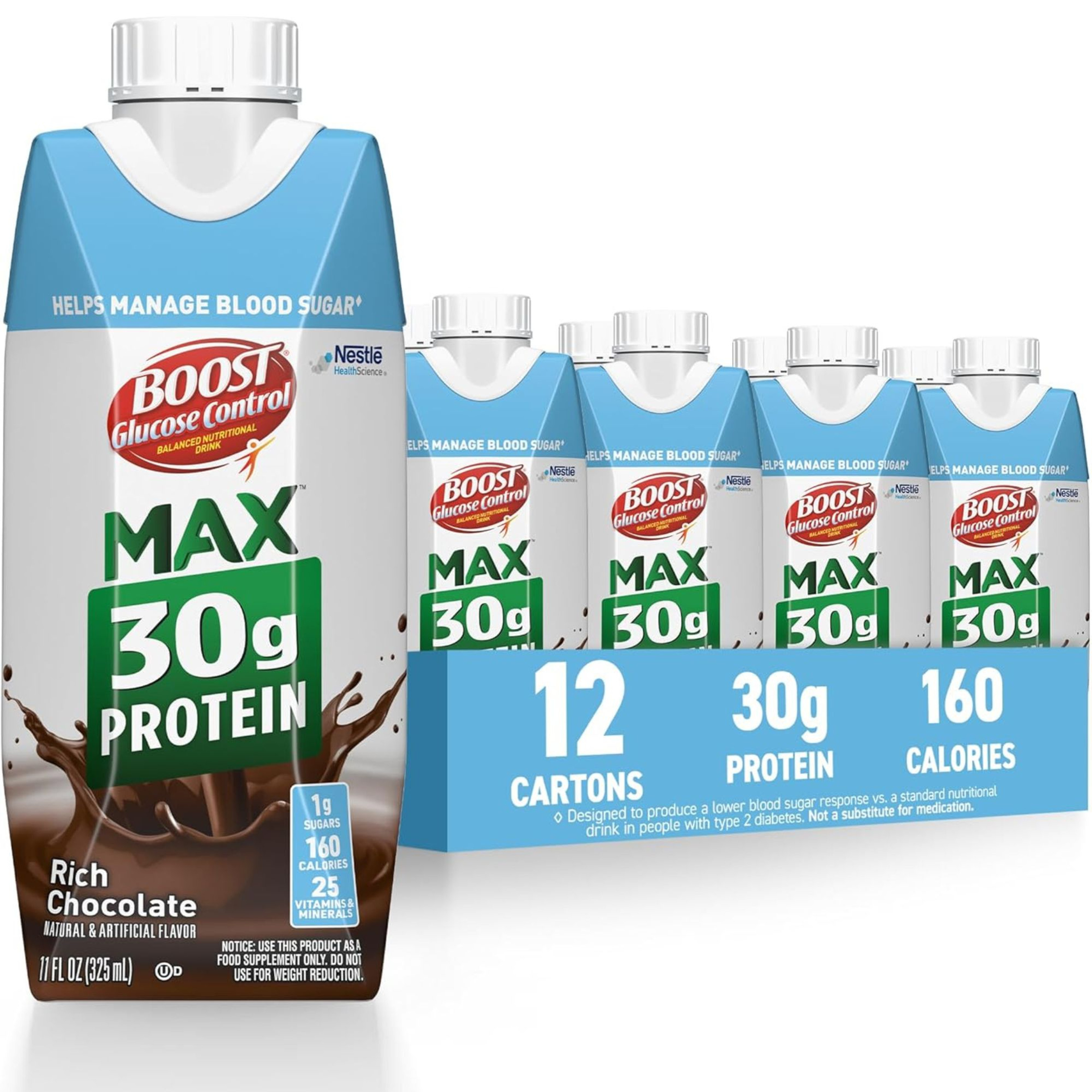 Boost Glucose Control Max Balanced Nutritional Drink, 11 oz, Bottle, Rich Chocolate
