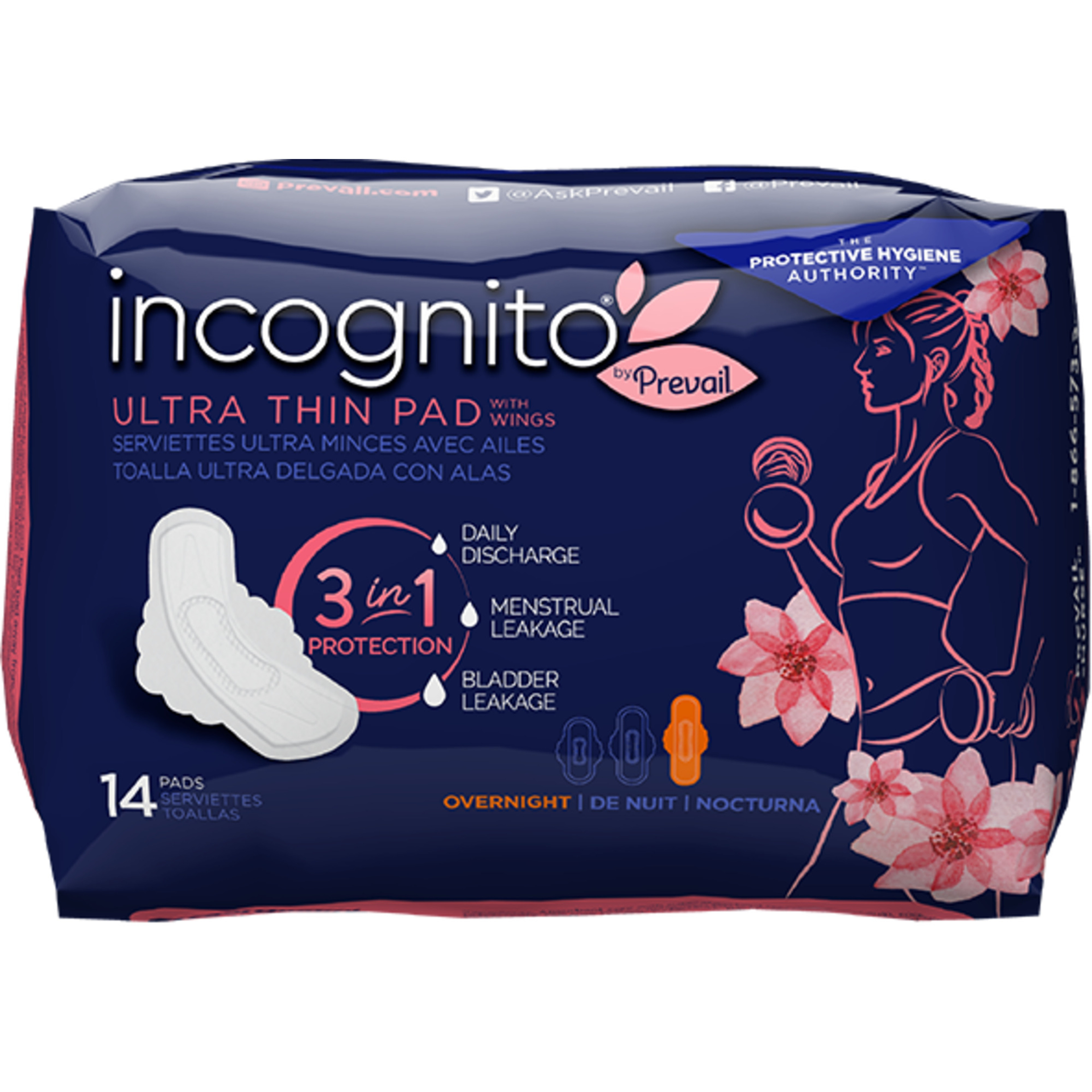 Prevail Women's Incognito 3 in 1 Ultra Thin Pad with Wings, Overnight Absorbency