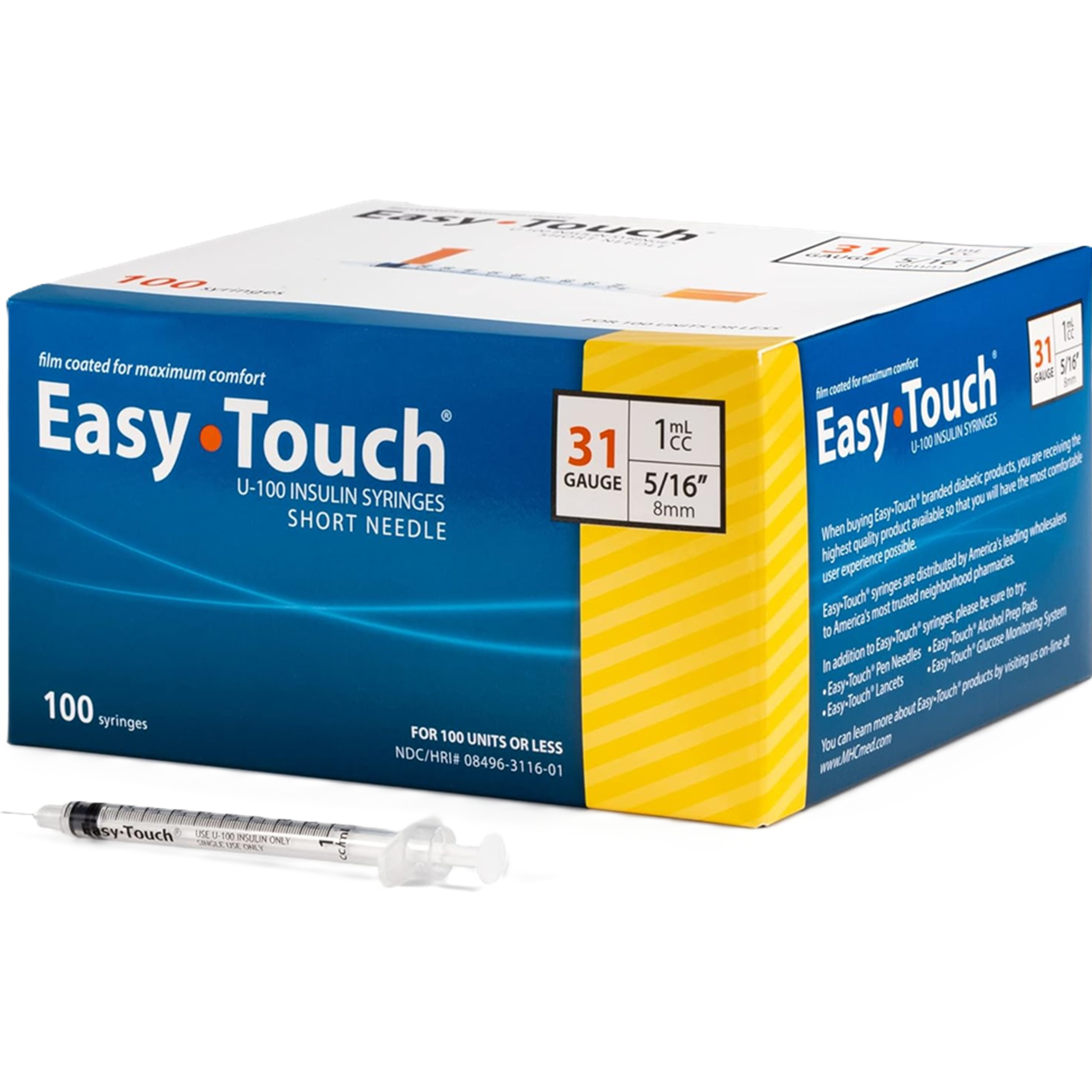 Easy Touch U-100 Insulin Syringes Short Needle, 31 gauge