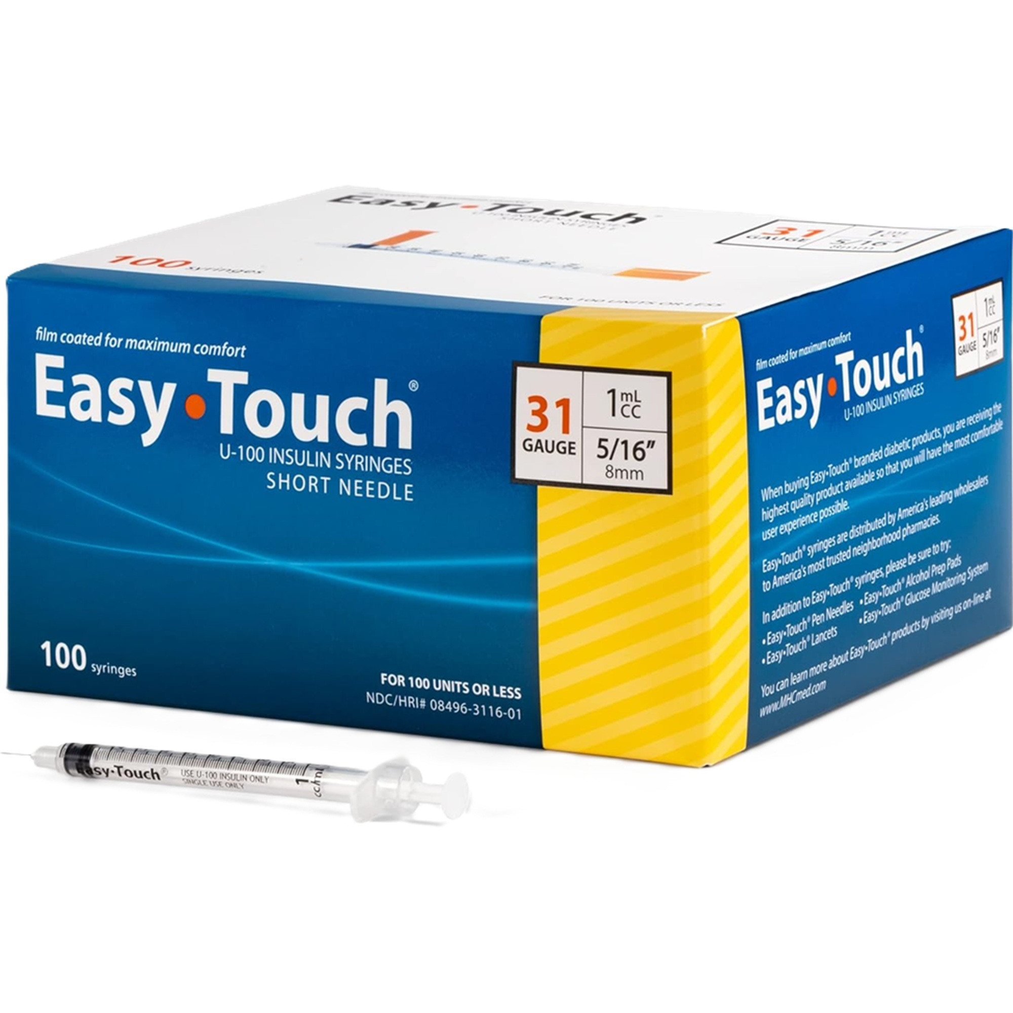 Easy Touch U-100 Insulin Syringes Short Needle, 31 gauge