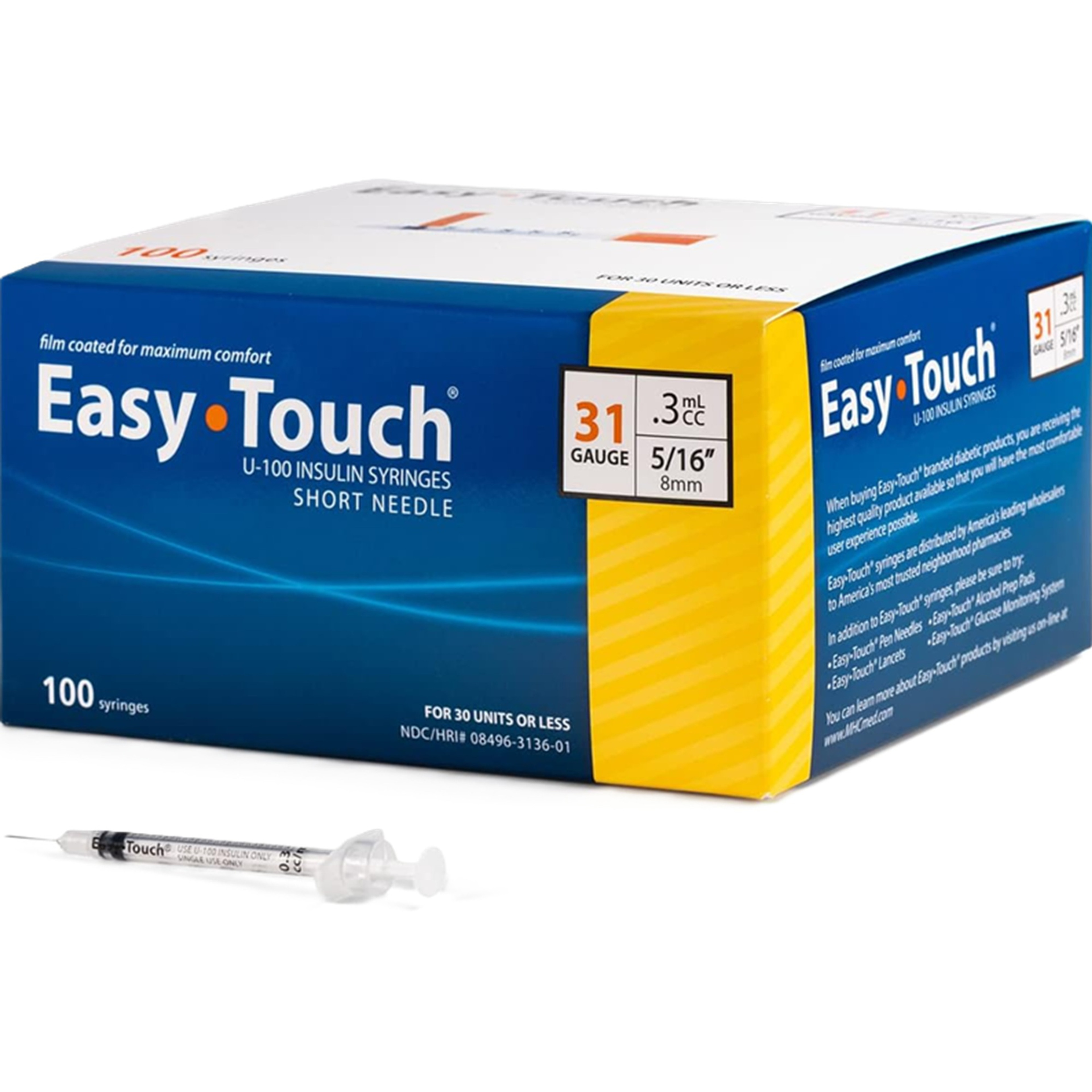 Easy Touch U-100 Insulin Syringes Short Needle, 31 gauge