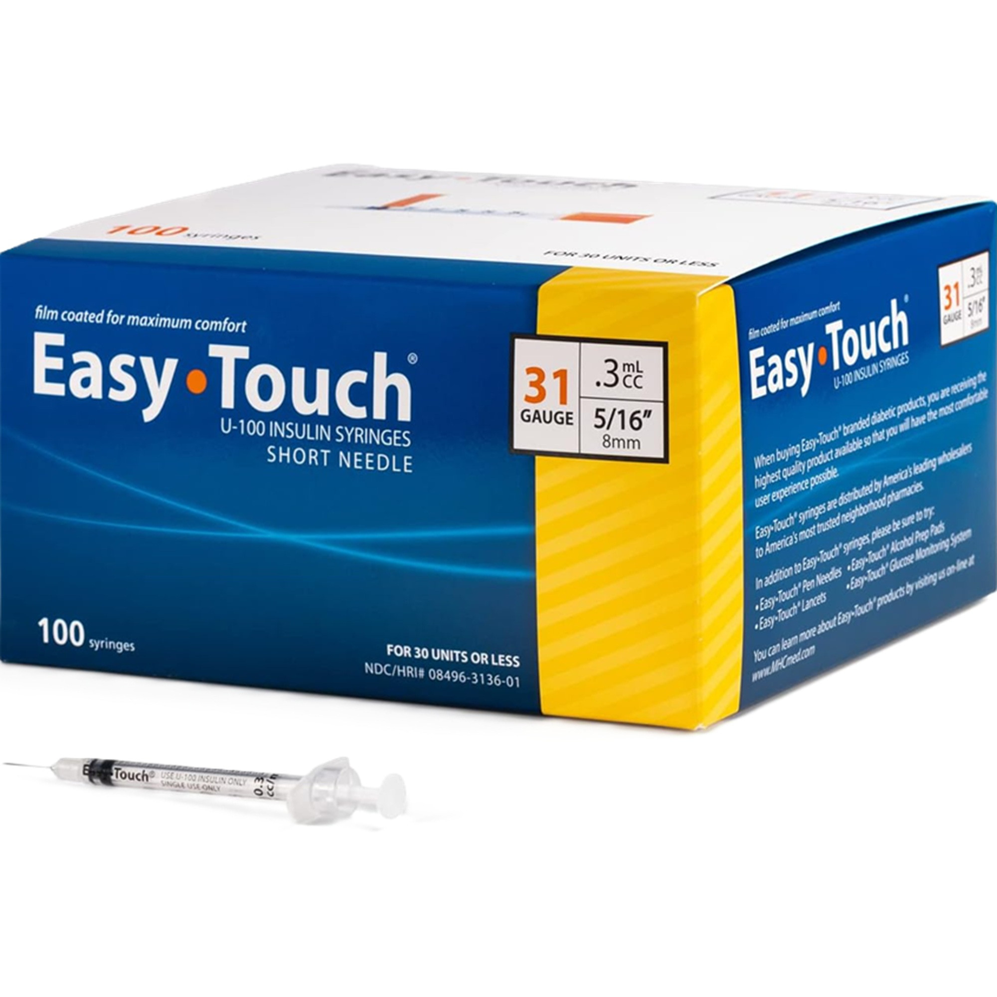 Easy Touch U-100 Insulin Syringes Short Needle, 31 gauge