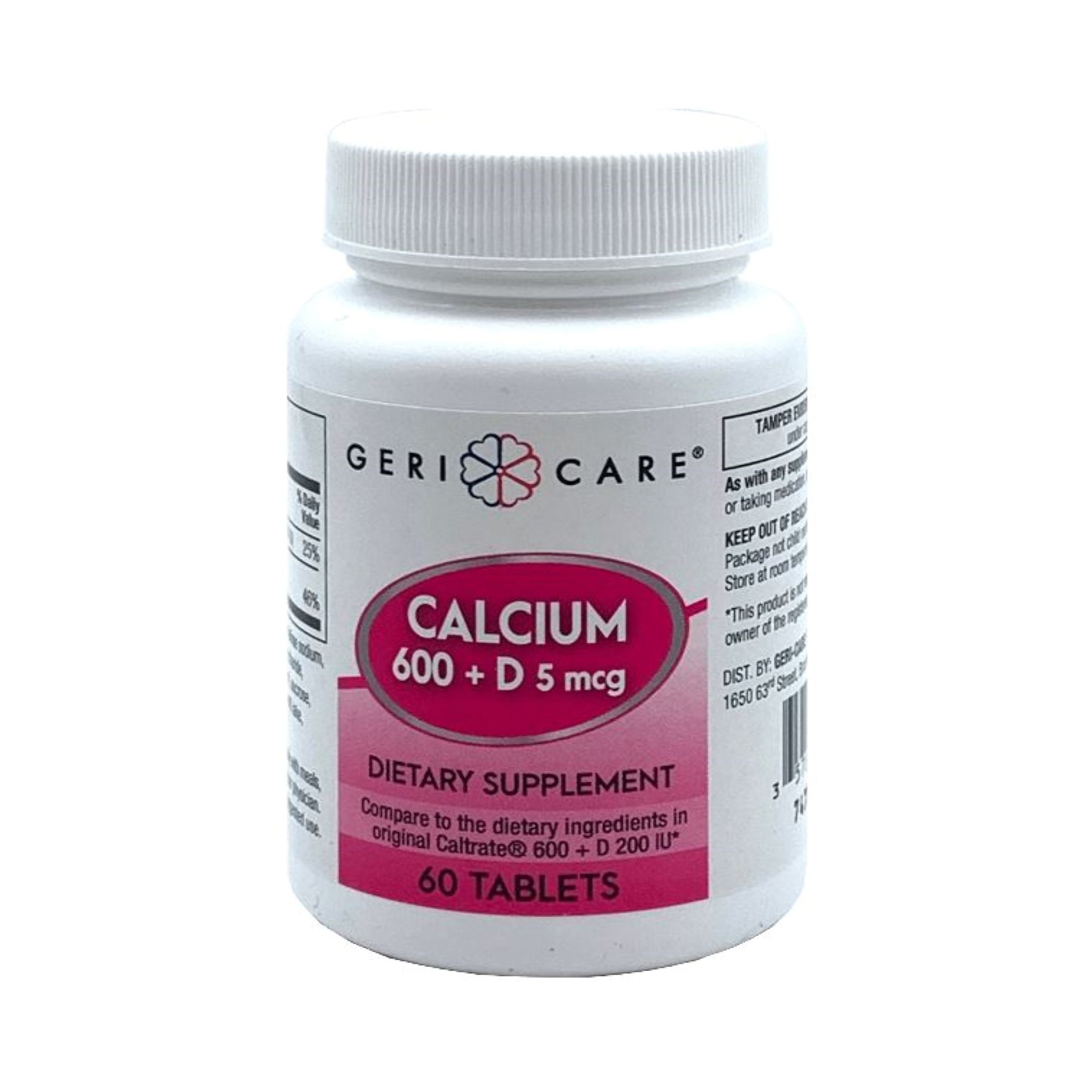 Geri-Care Calcium 600 + D3 Dietary Supplement, 600 mg - 200 IU, 60 Tablets