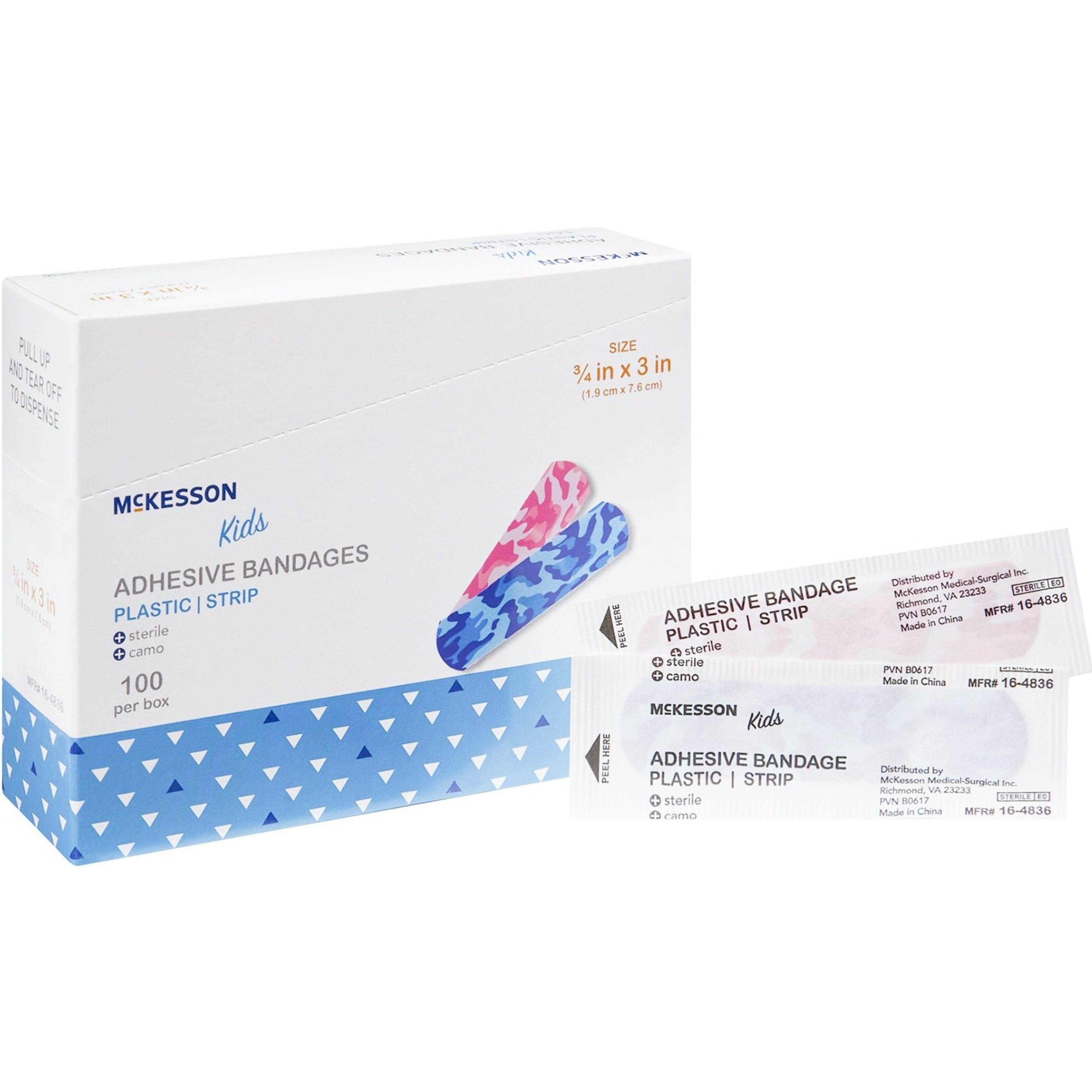 McKesson Kids Plastic Adhesive Bandages, Blue/Pink Camo, 3/4 X 3"