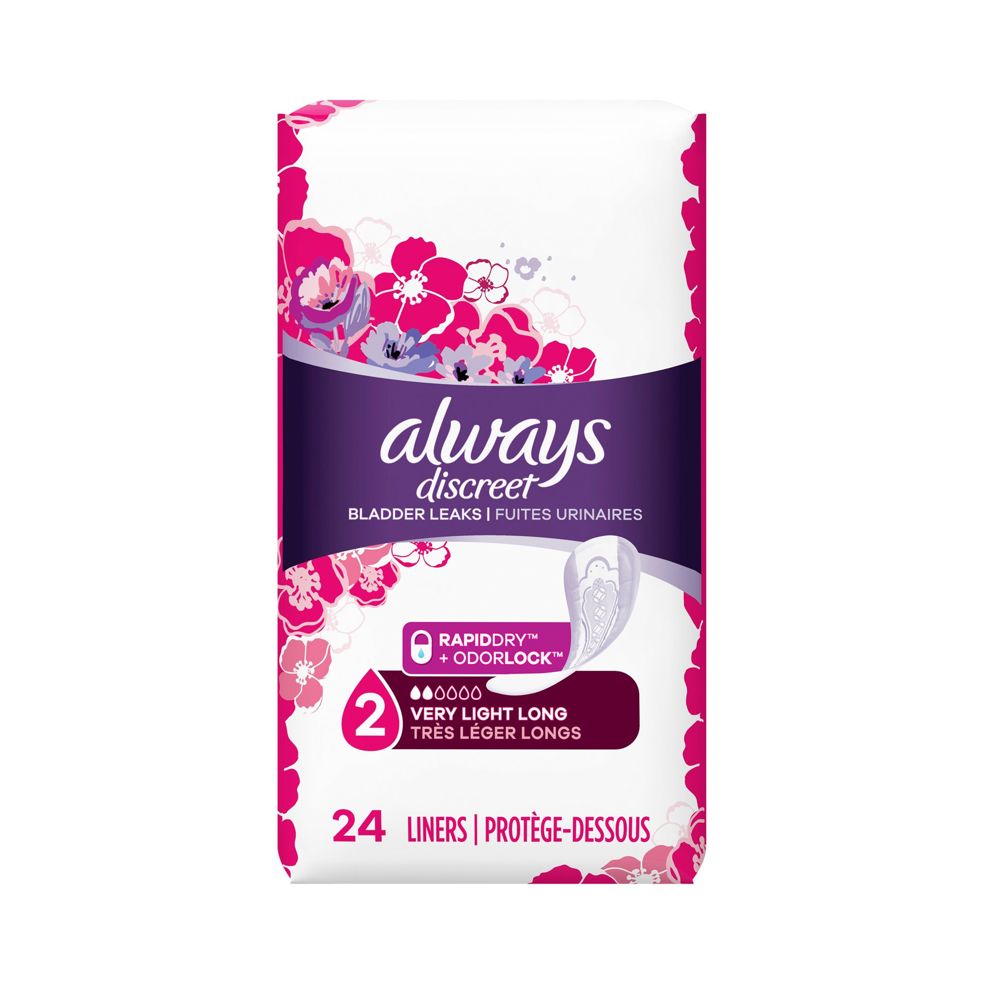 Always Discreet Bladder Leaks Liners, Long, Very Light