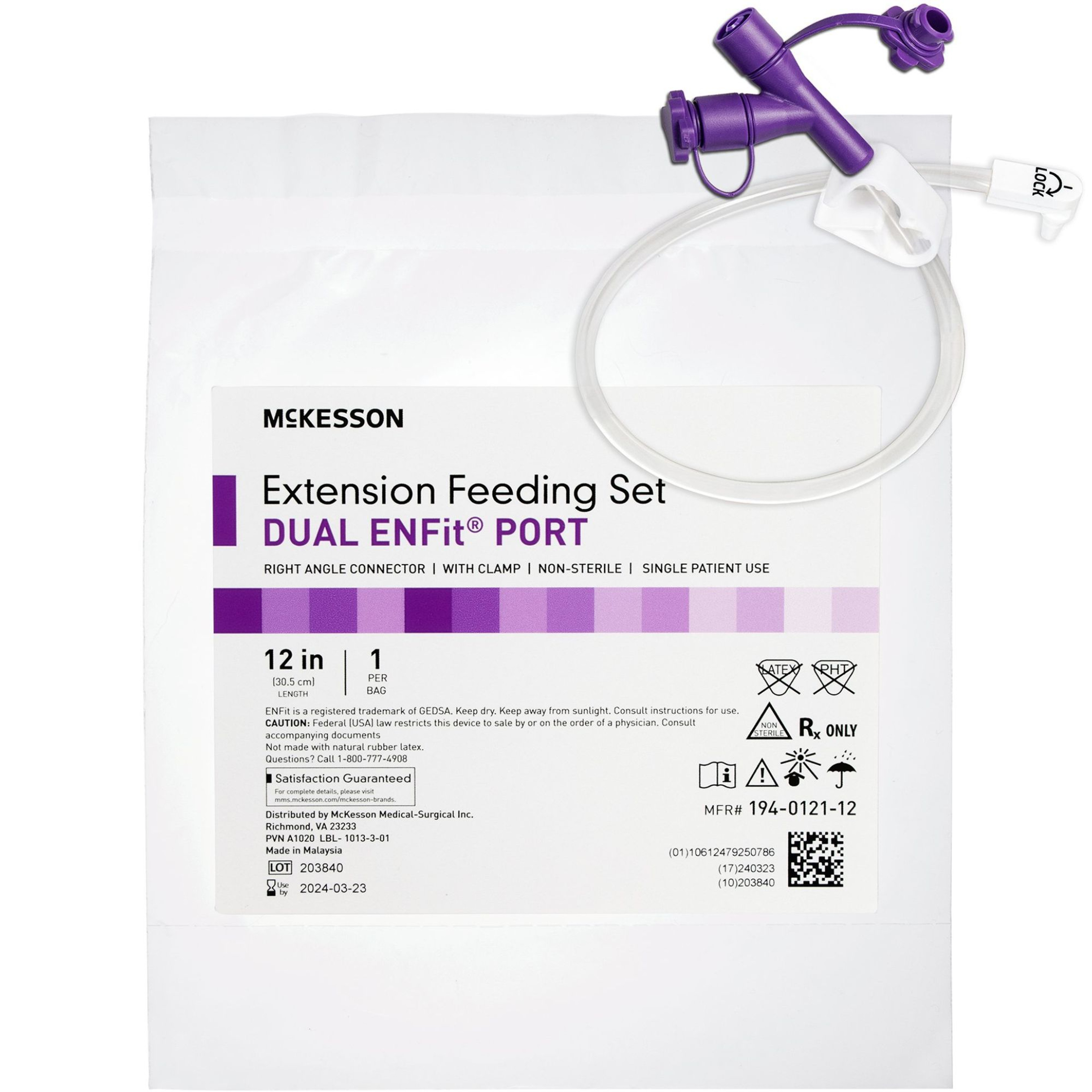 McKesson Dual ENFit Port Extension Feeding Set, Right Angle, 12"