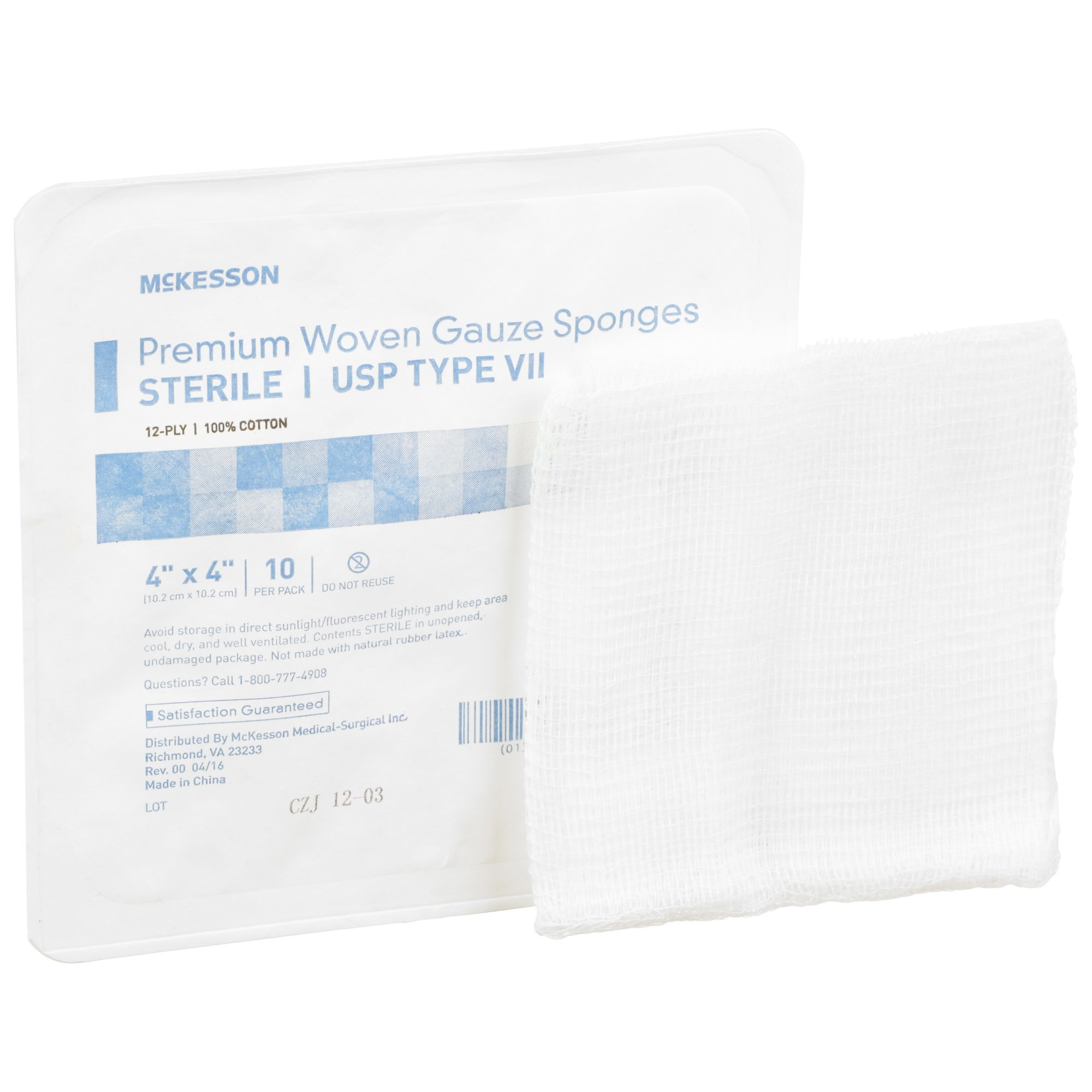 McKesson USP Type VII 12-Ply Premium Woven Gauze Sponges, 4 X 4"