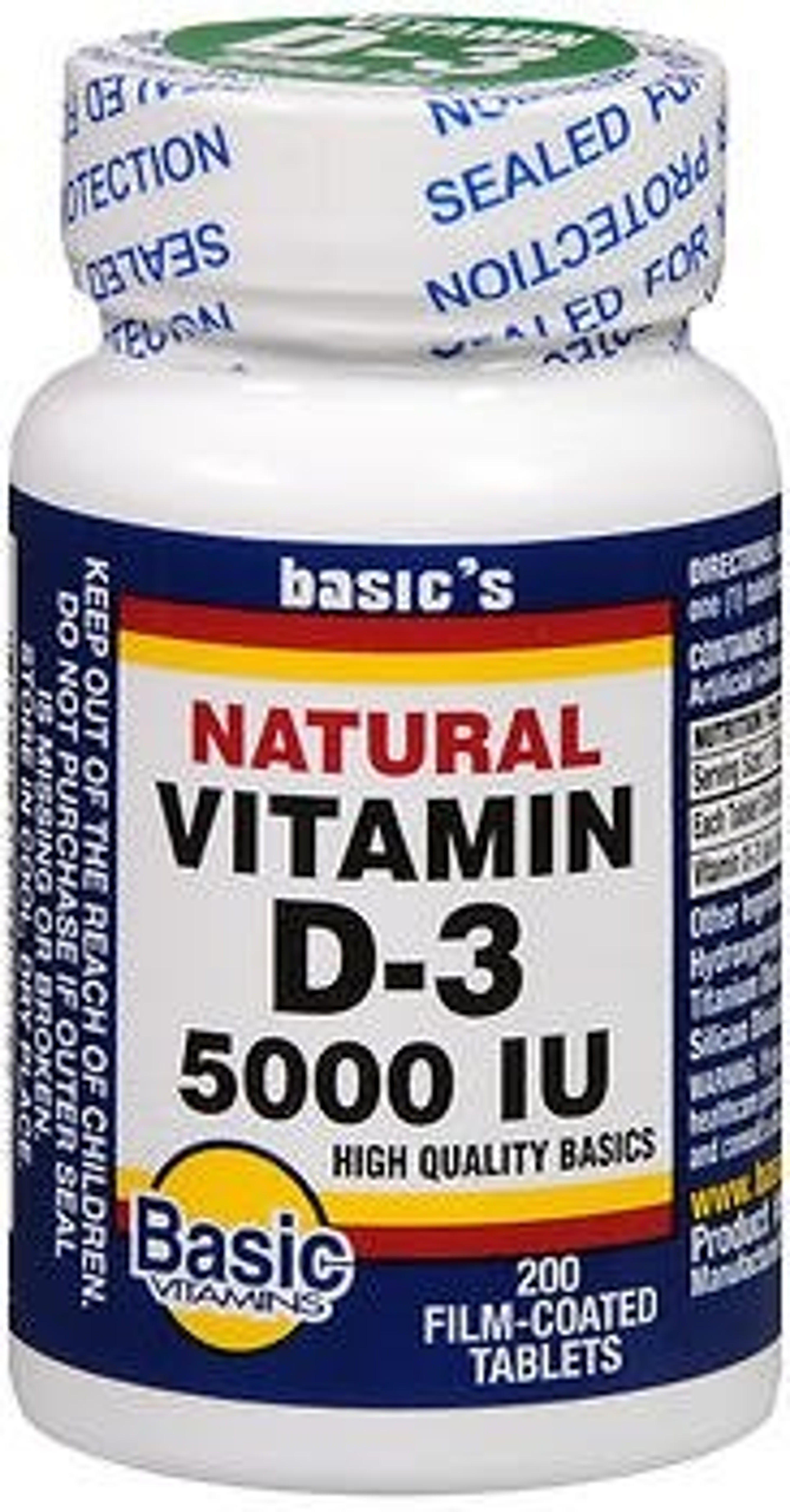 Basic's Natural Vitamin D-3, 5000 IU, 200 Tablets