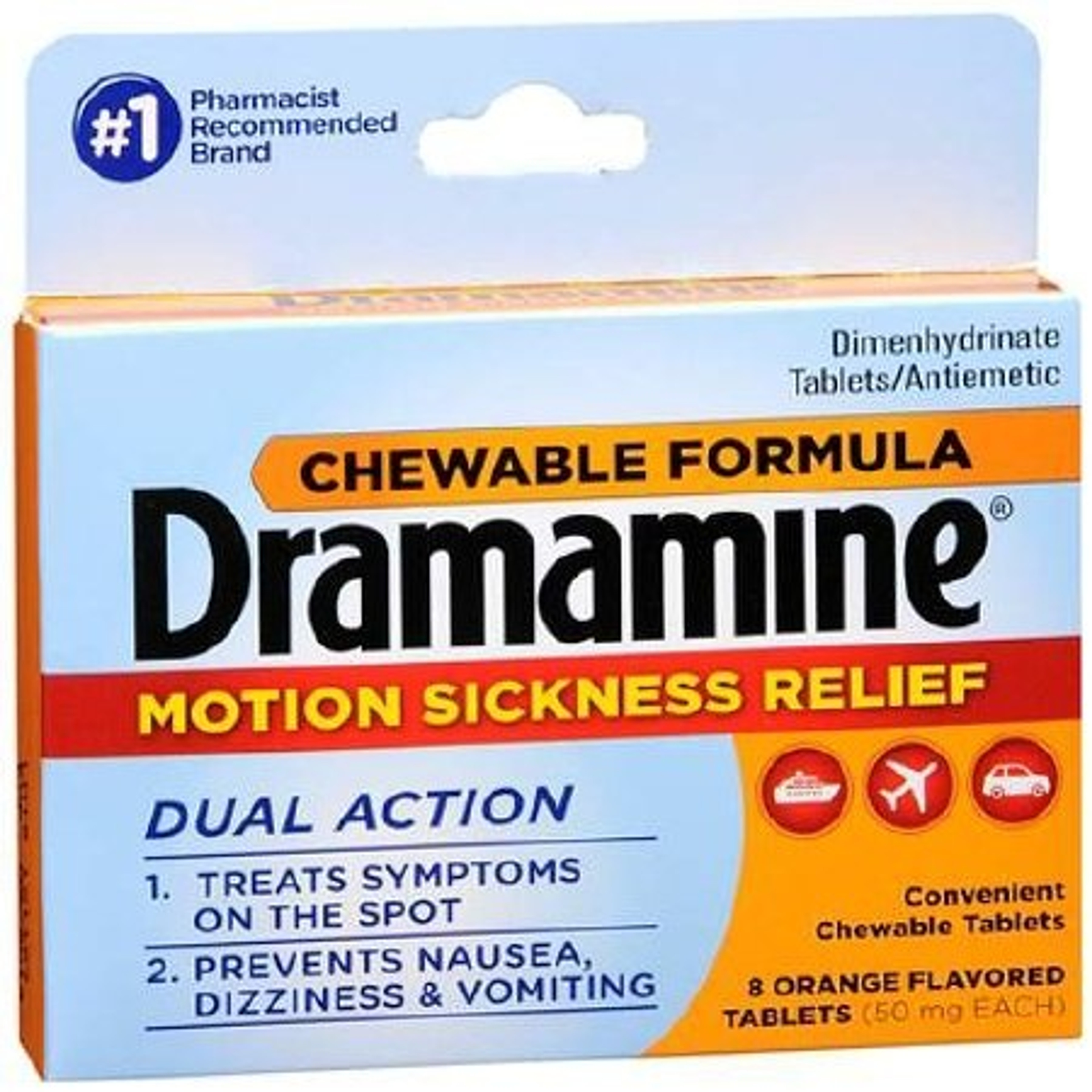 Dramamine Motion Sickness Relief Chewable Tablet, 50mg, 8 Tablets