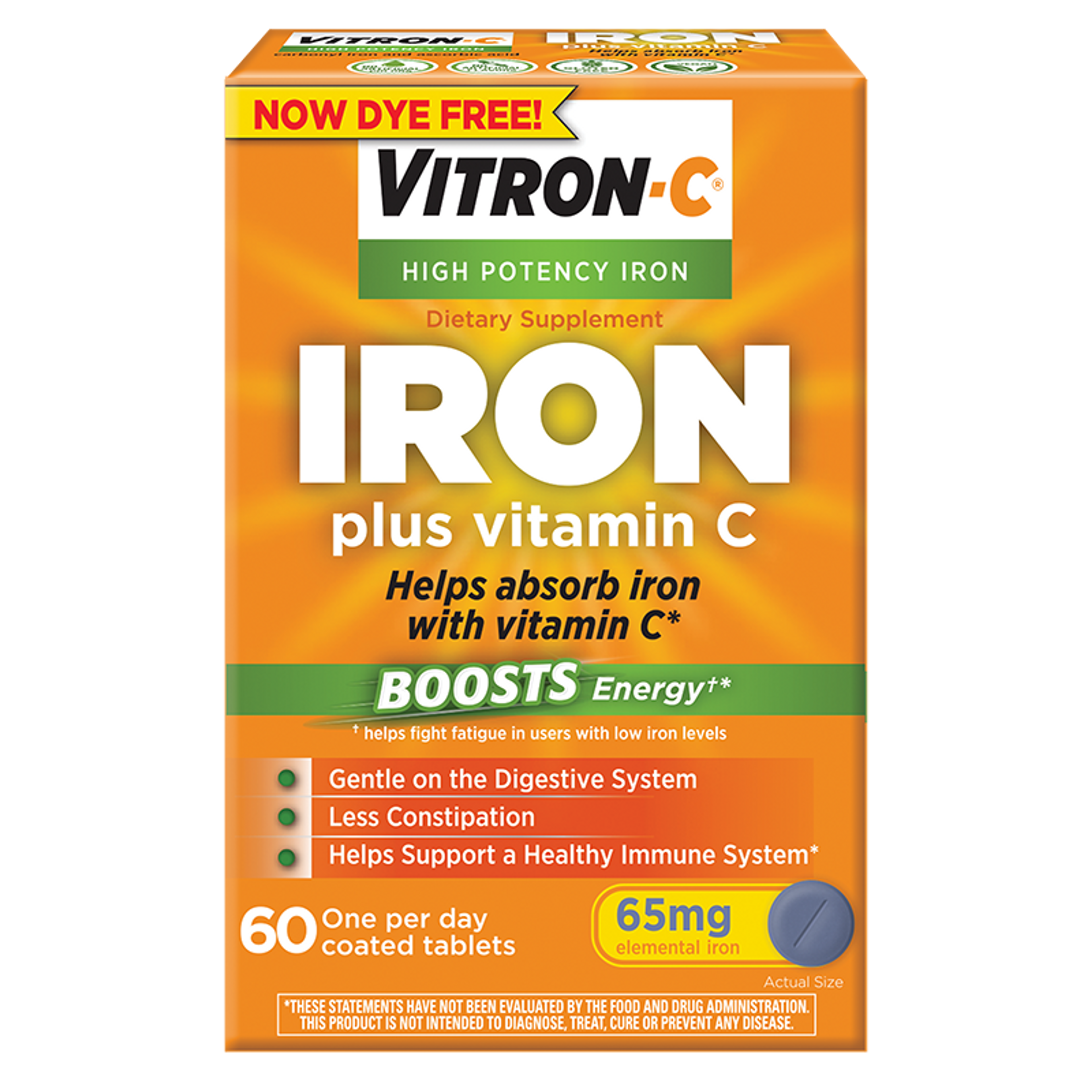 Vitron-C High Potency Iron Dietary Supplement Plus Vitamin C, 125 mg - 65 mg, 60 Tablets