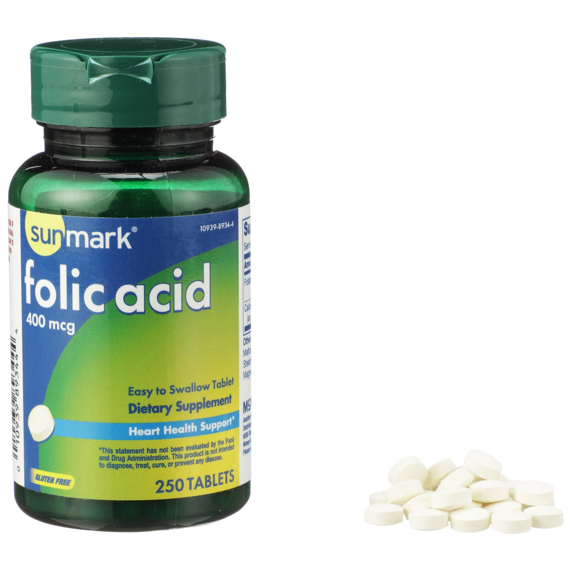 Sunmark Folic Acid Dietary Supplement, 400 mcg, 250 Tablets