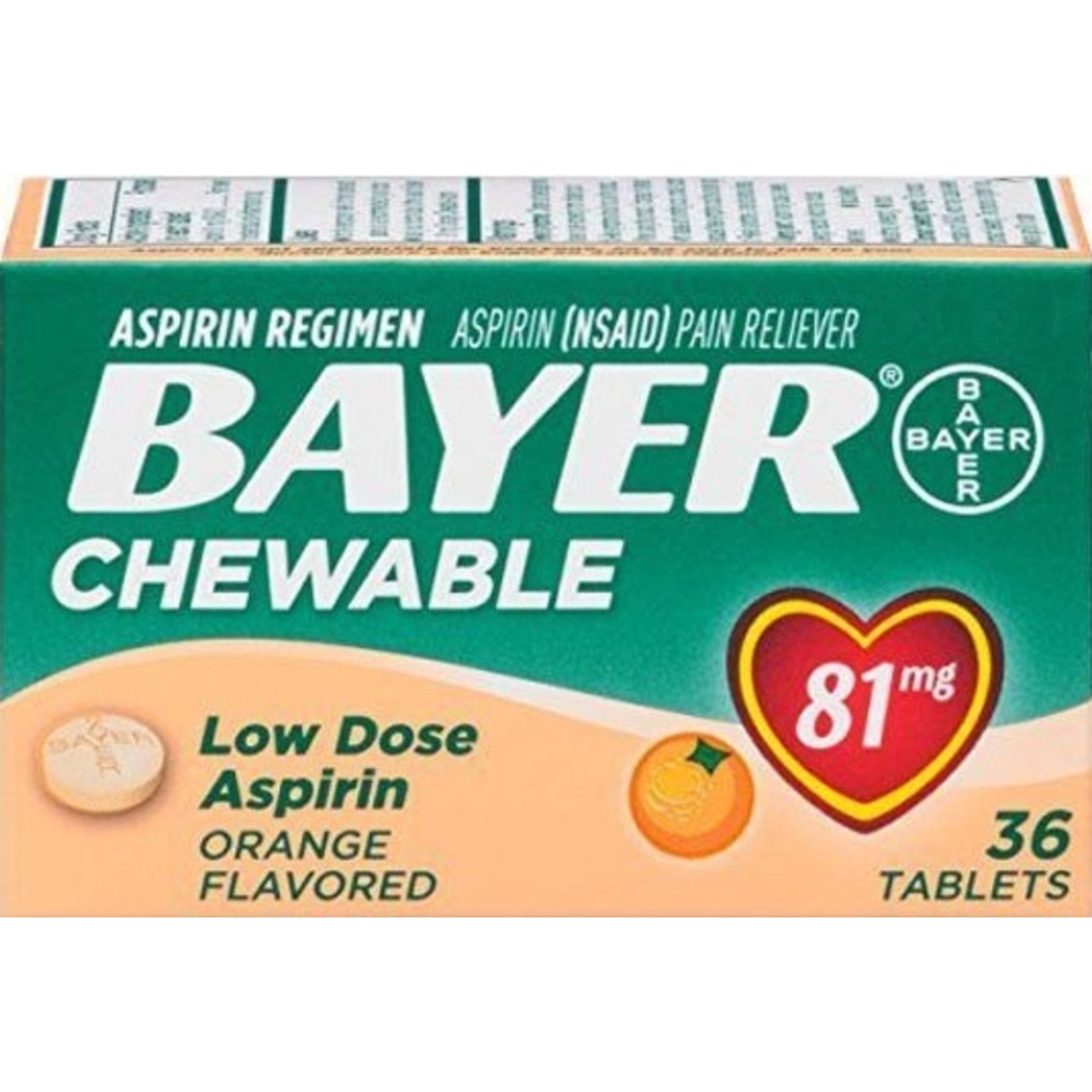 Bayer Chewable Low Dose Aspirin, Orange Flavored, 81 mg, 36 Tablets