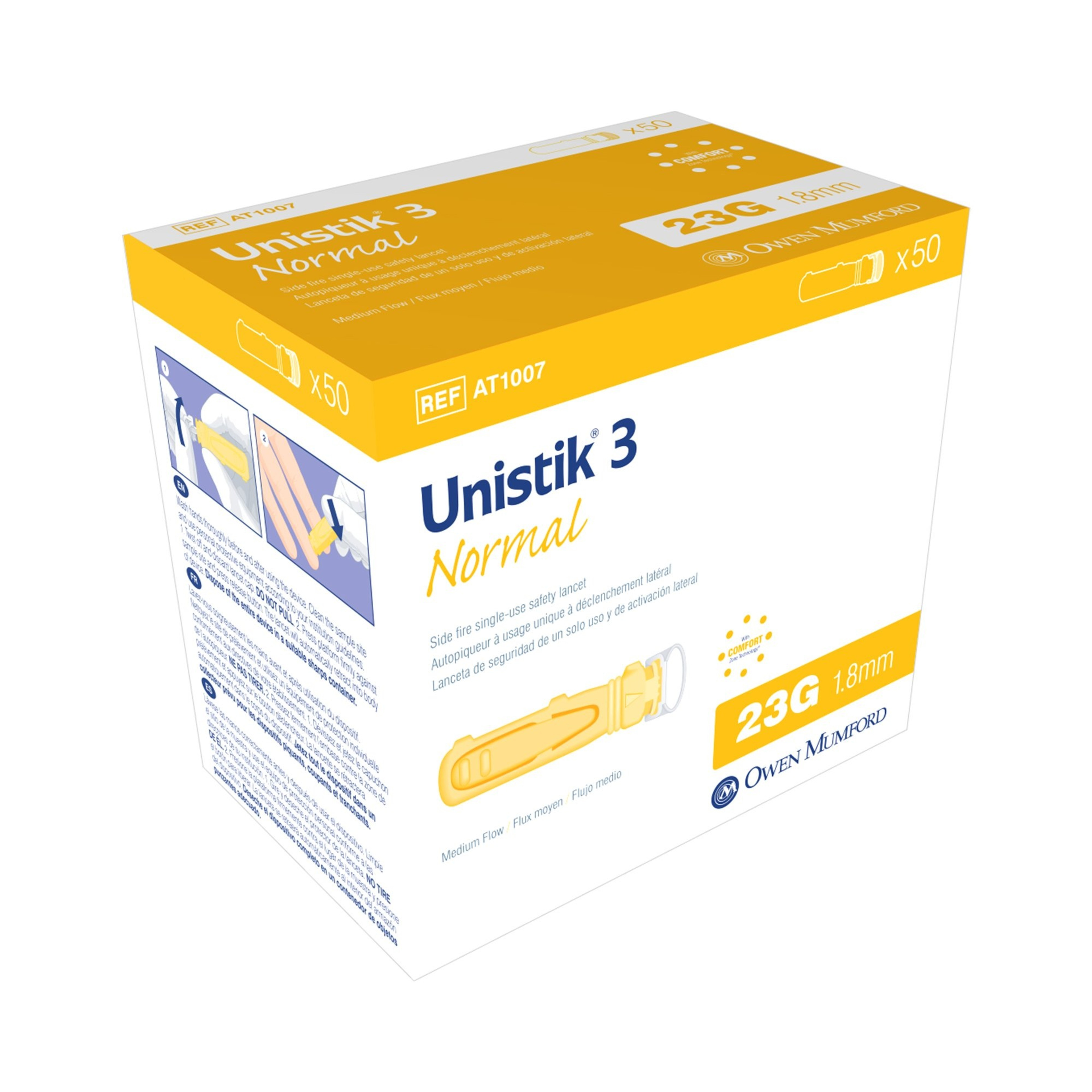 Unistik 3 Normal Safety Lancet, Push Button Side Activation, 23g