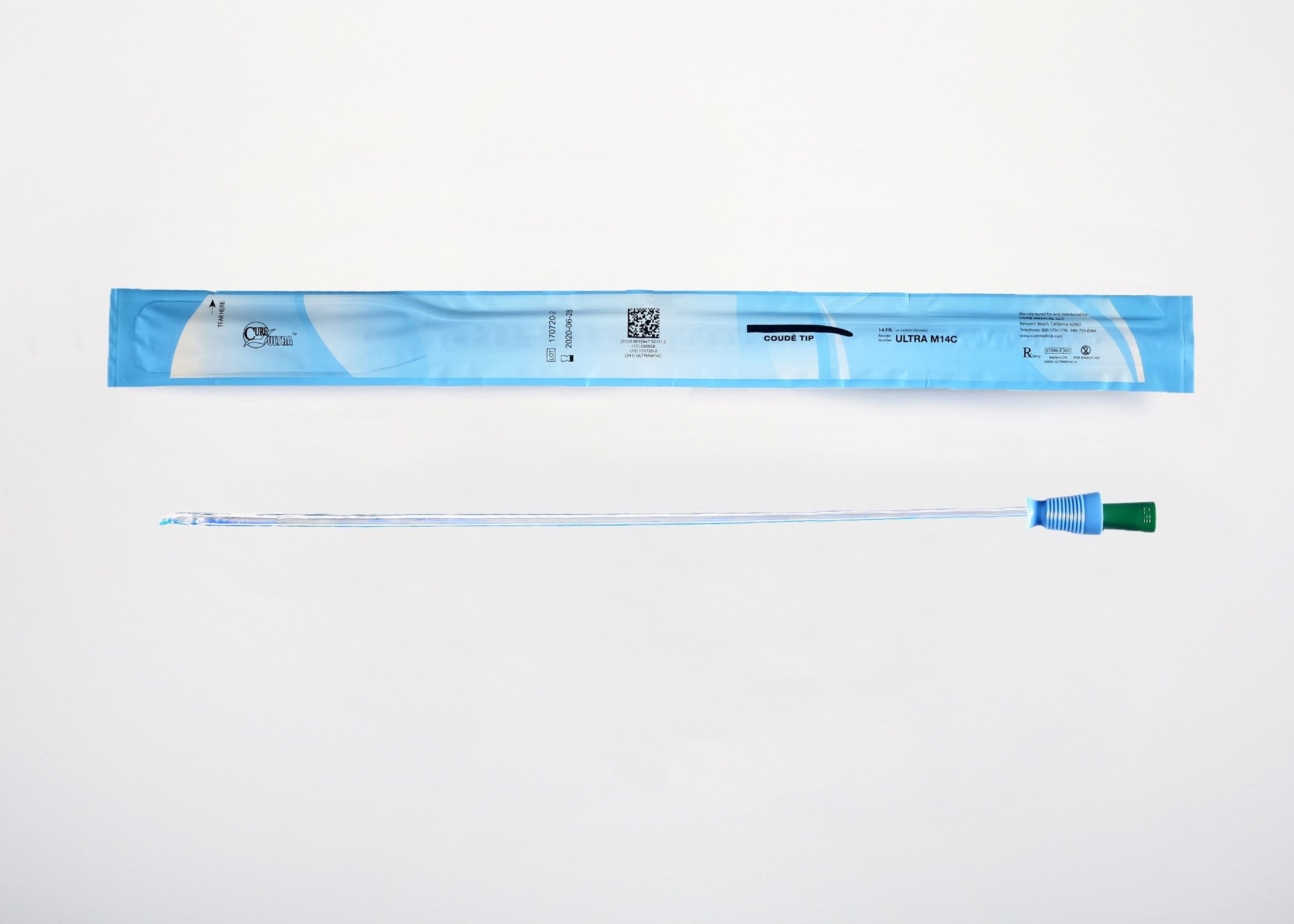Cure Ultra Urethral Catheter, Male, Coude Tip, Lubricated PVC, 16"