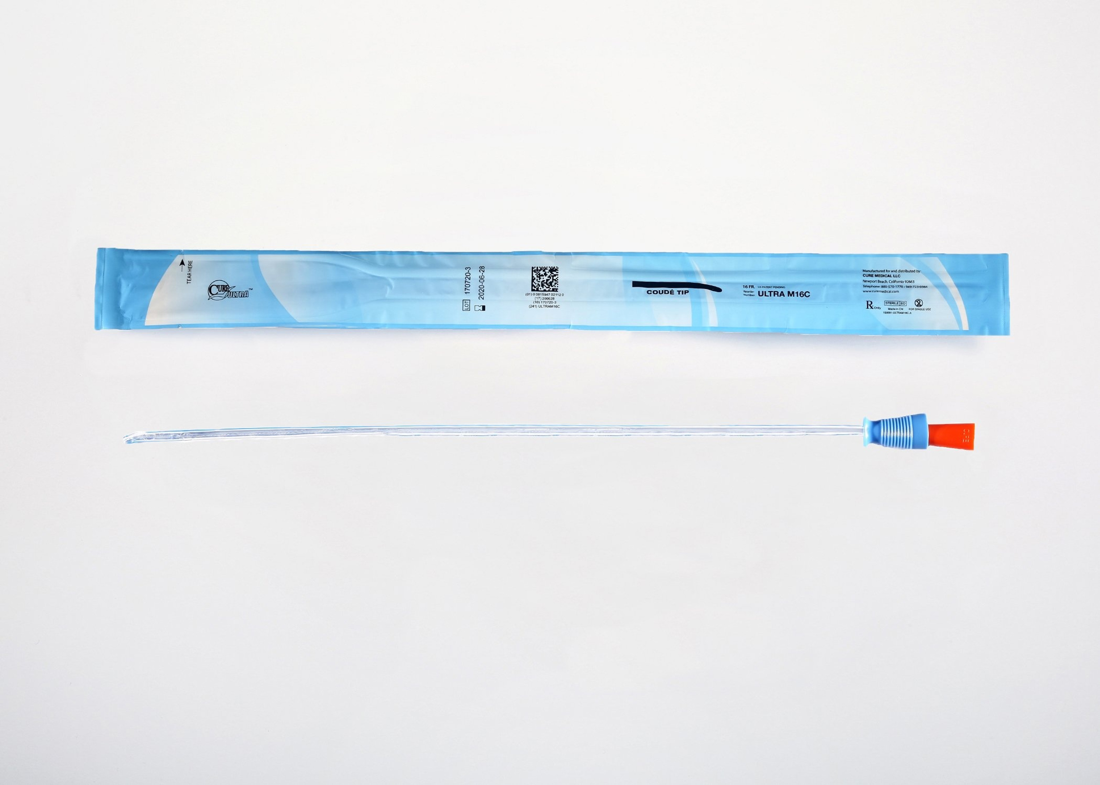 Cure Ultra Urethral Catheter, Male, Coude Tip, Lubricated PVC, 16"