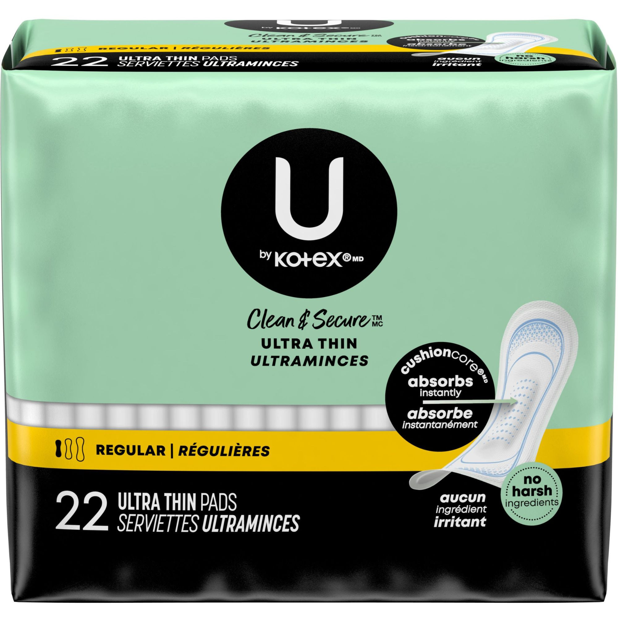 U by Kotex Clean & Secure Ultra Thin Pads, Regular Absorbency