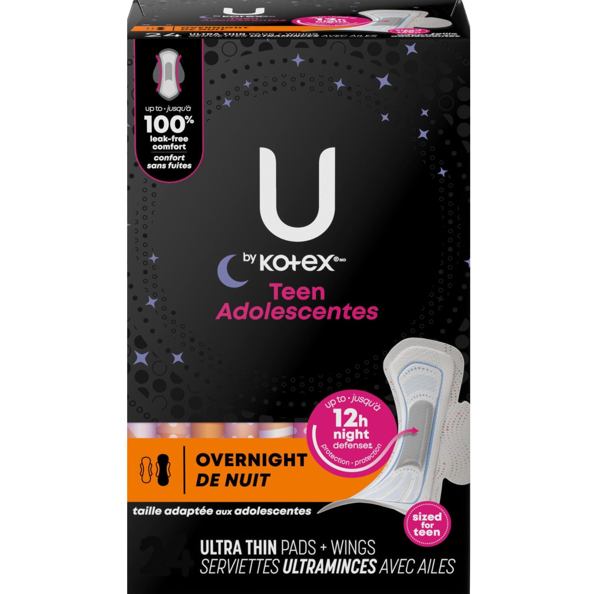 U by Kotex Teen Ultra Thin Pads with Wings, Overnight Absorbency