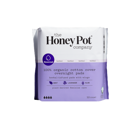 The Honey Pot Organic Cotton Herbal Pads with Wings, Overnight Absorbency