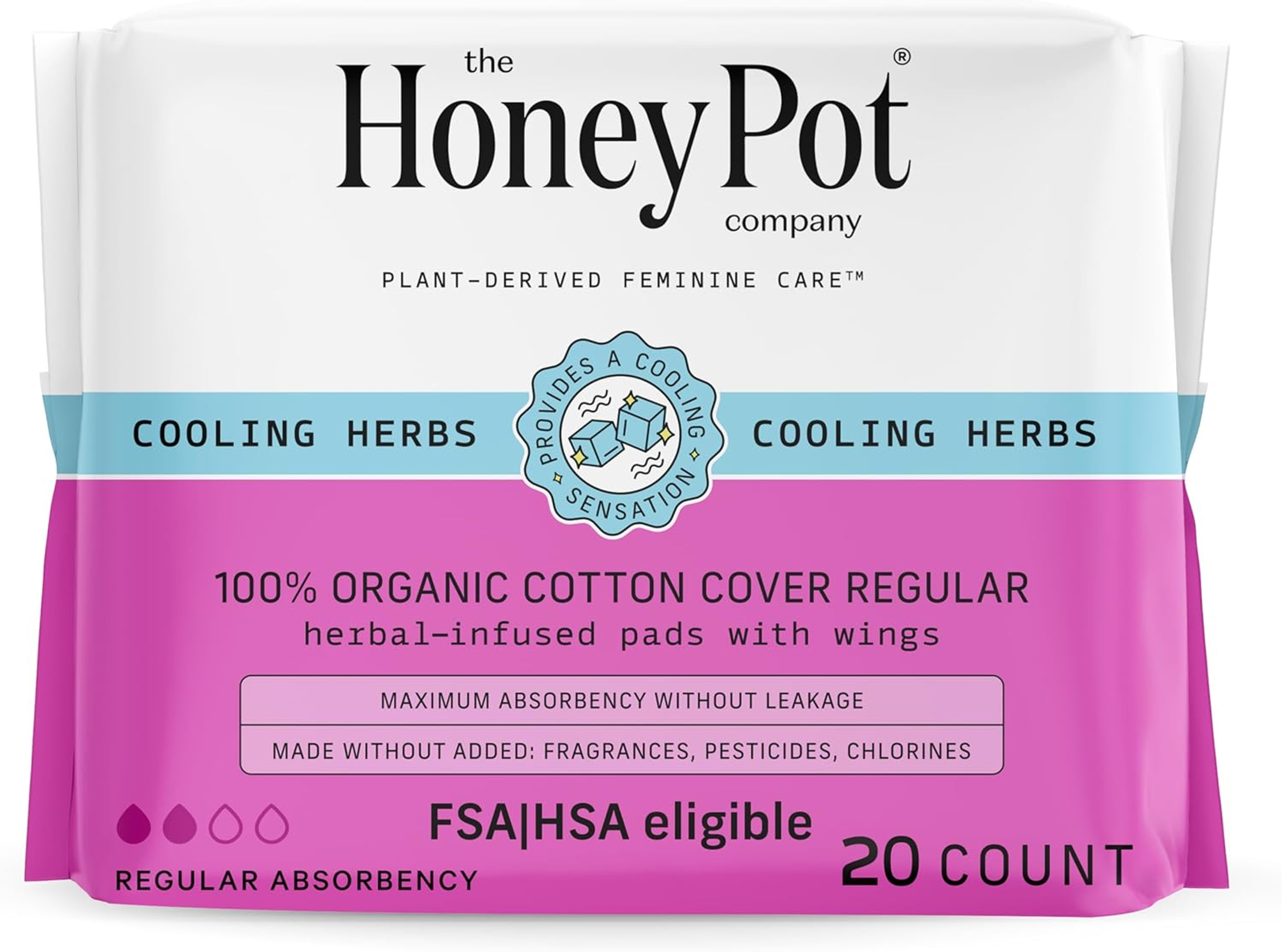 The Honey Pot Organic Cotton Herbal Pads with Wings, Regular Absorbency
