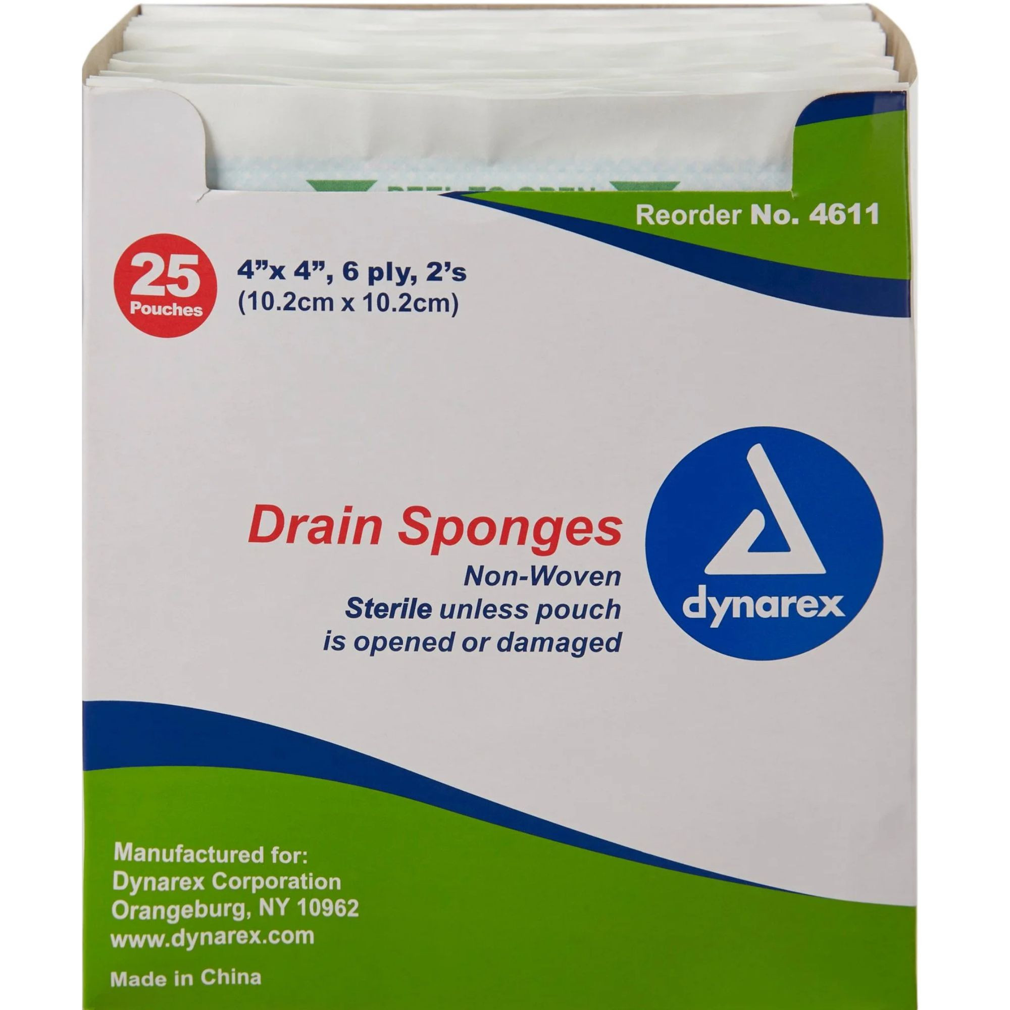 Dynarex Non Woven Drain And IV Sponges, 6 Ply, Sterile, 4" x 4"