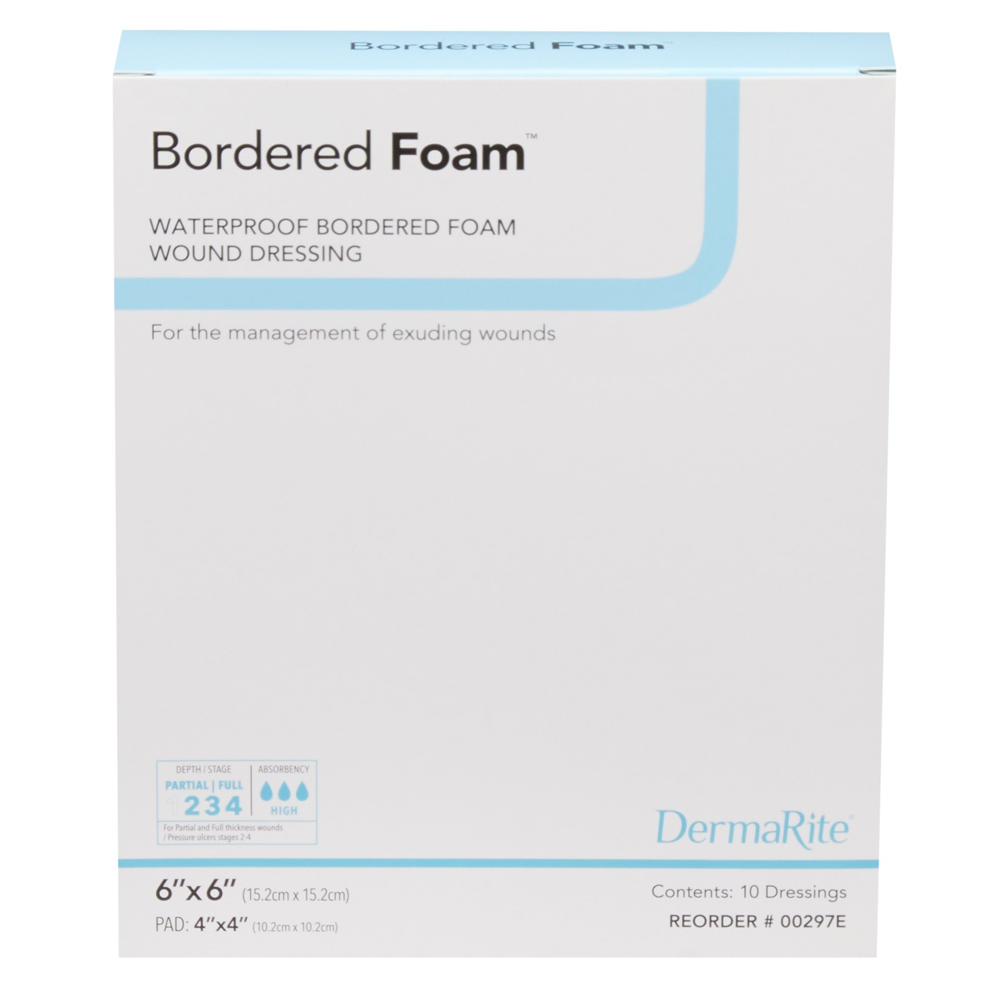 DermaRite BorderedFoam Waterproof Foam Dressing with Adhesive Border, Sterile, 6 X 6"
