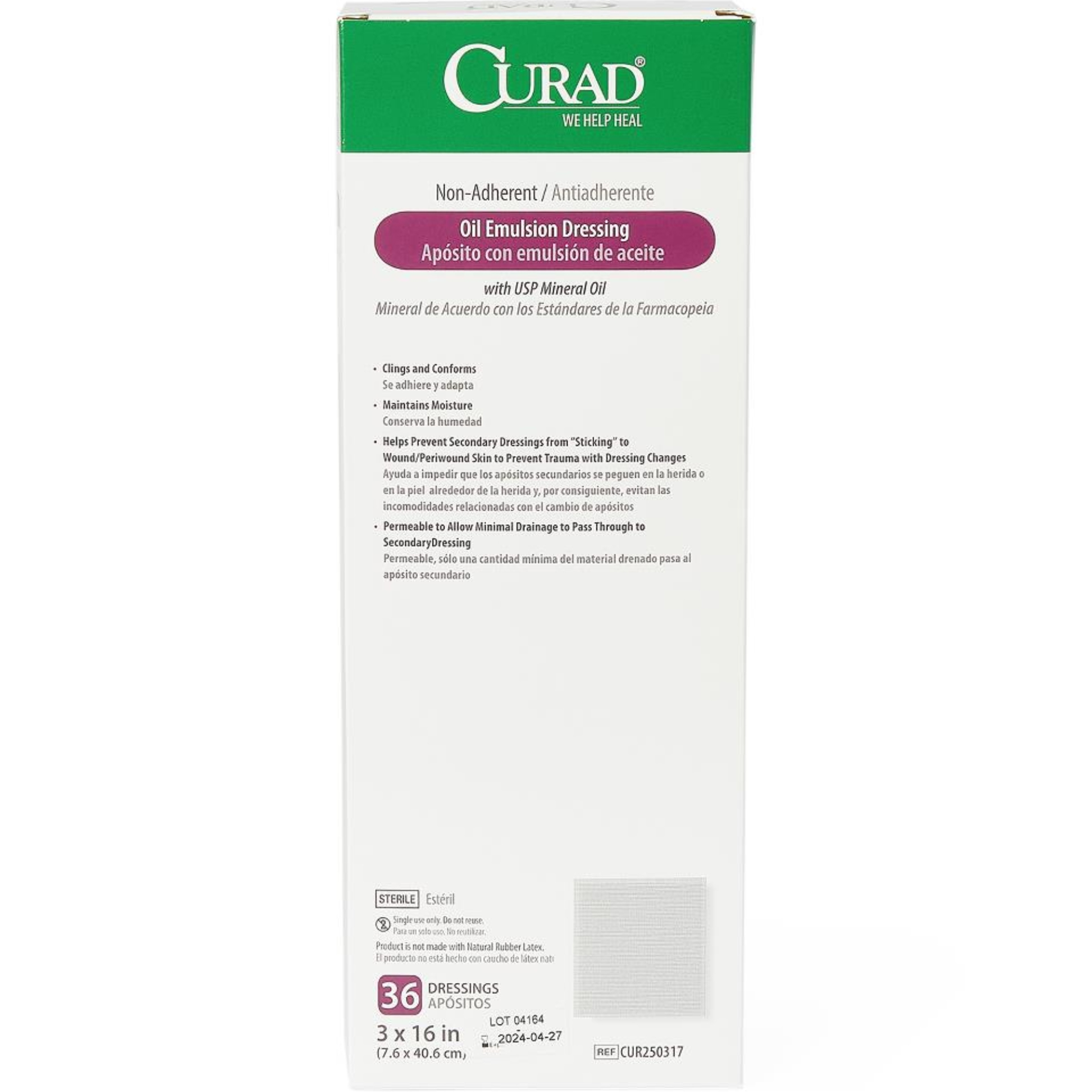 Curad Non-Adherent Oil Emulsion Gauze Dressings, 3 x 16 inches