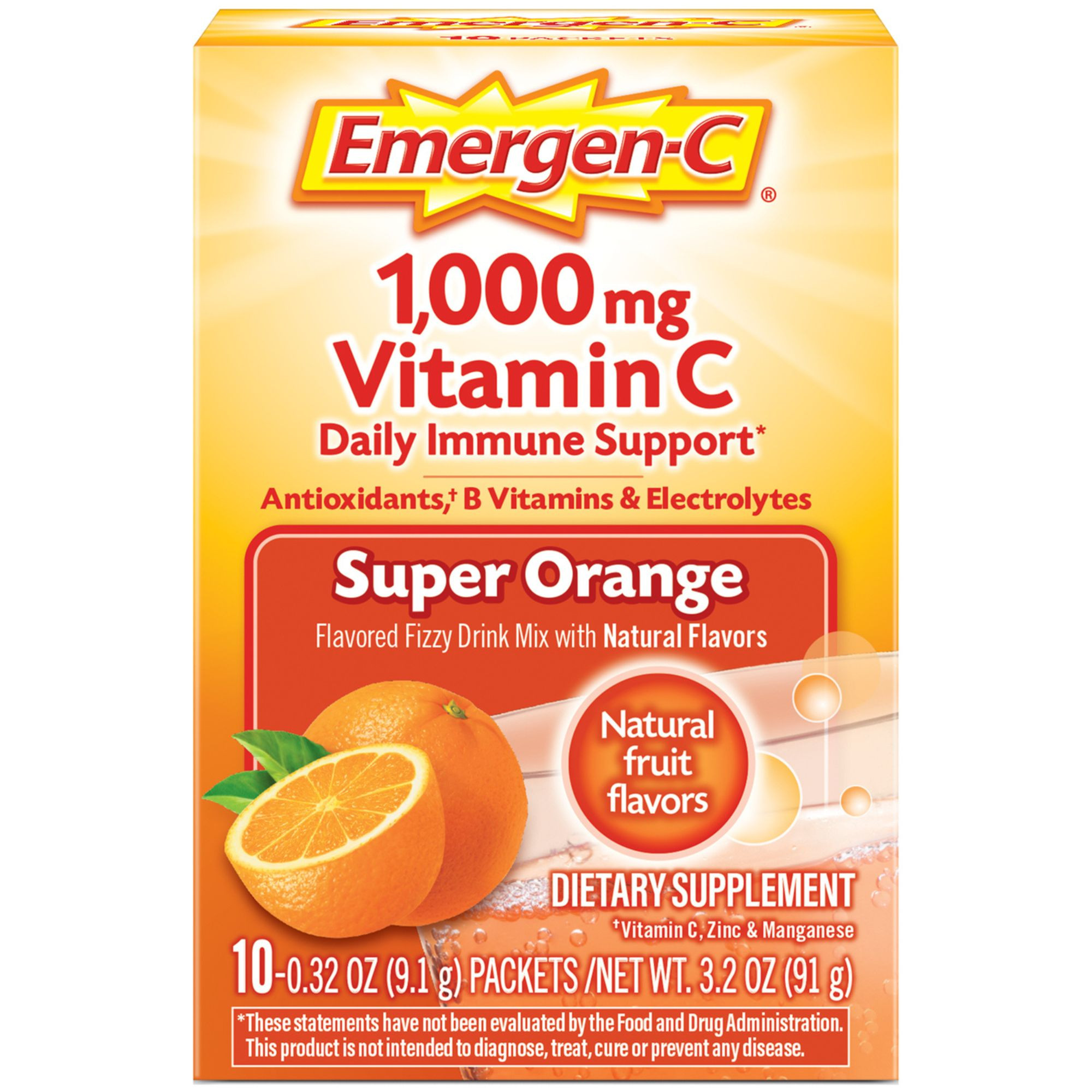 Emergen-C Vitamin C Daily Immune Support Fizzy Drink Mix Supplement, Super Orange