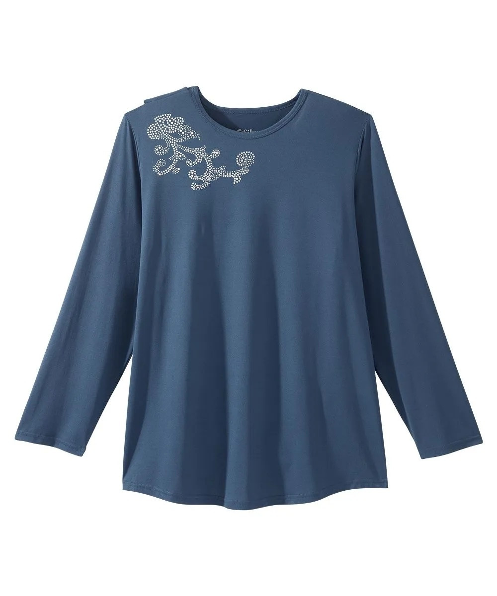 Silverts Women's Open Back Embellished Long Sleeve Top, Caribbean Blue
