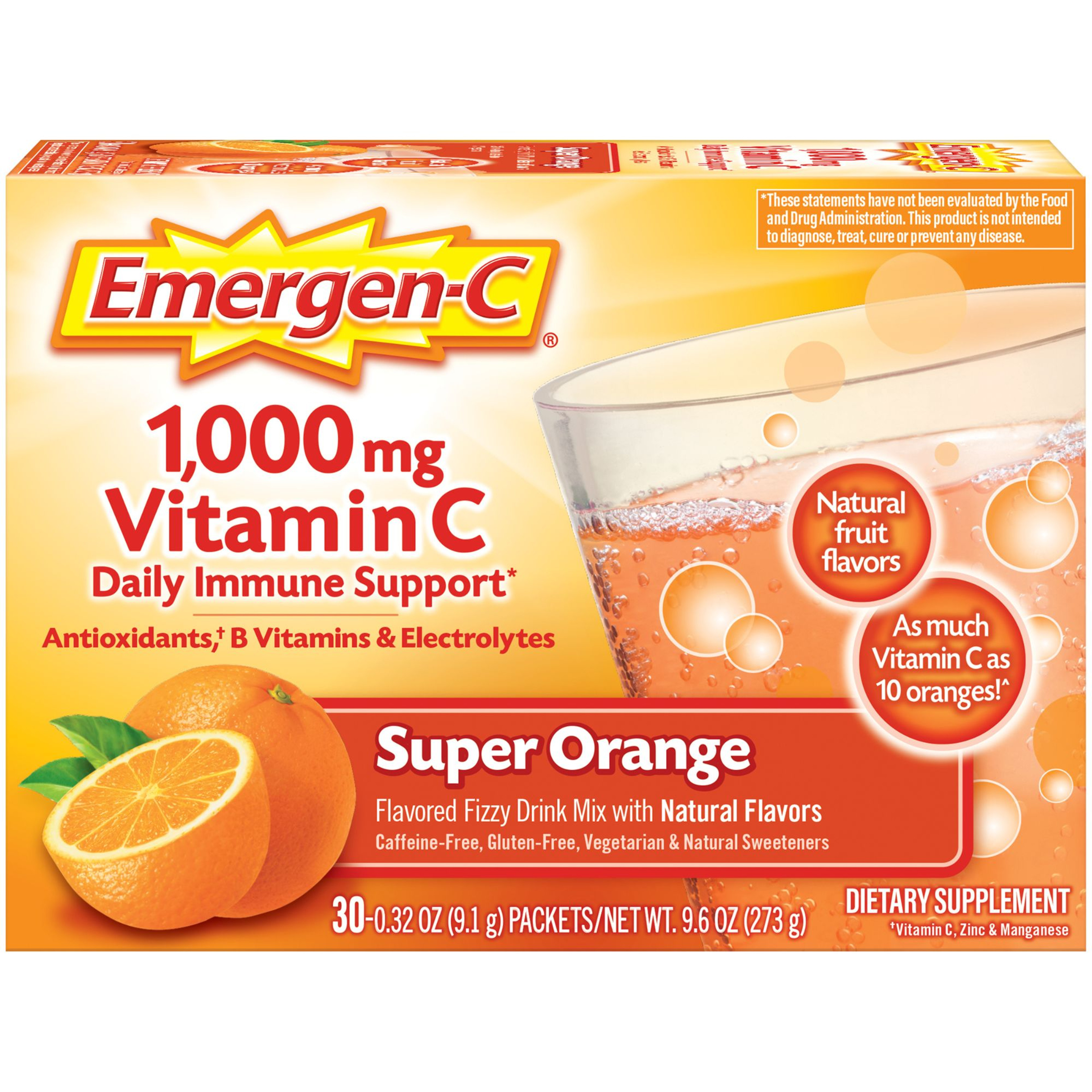 Emergen-C Vitamin C Daily Immune Support Fizzy Drink Mix Supplement, Super Orange