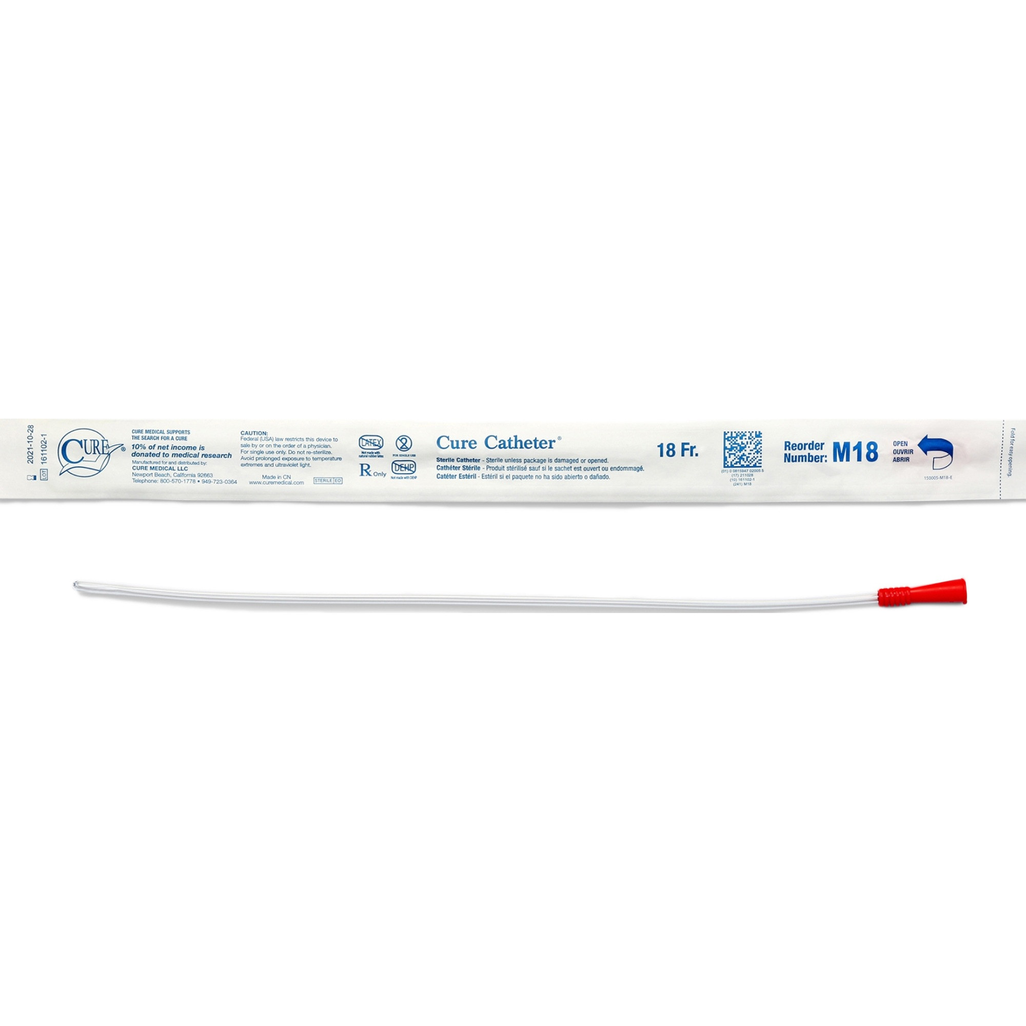 Cure Catheter Male Straight Tip Intermittent Catheter, 16"