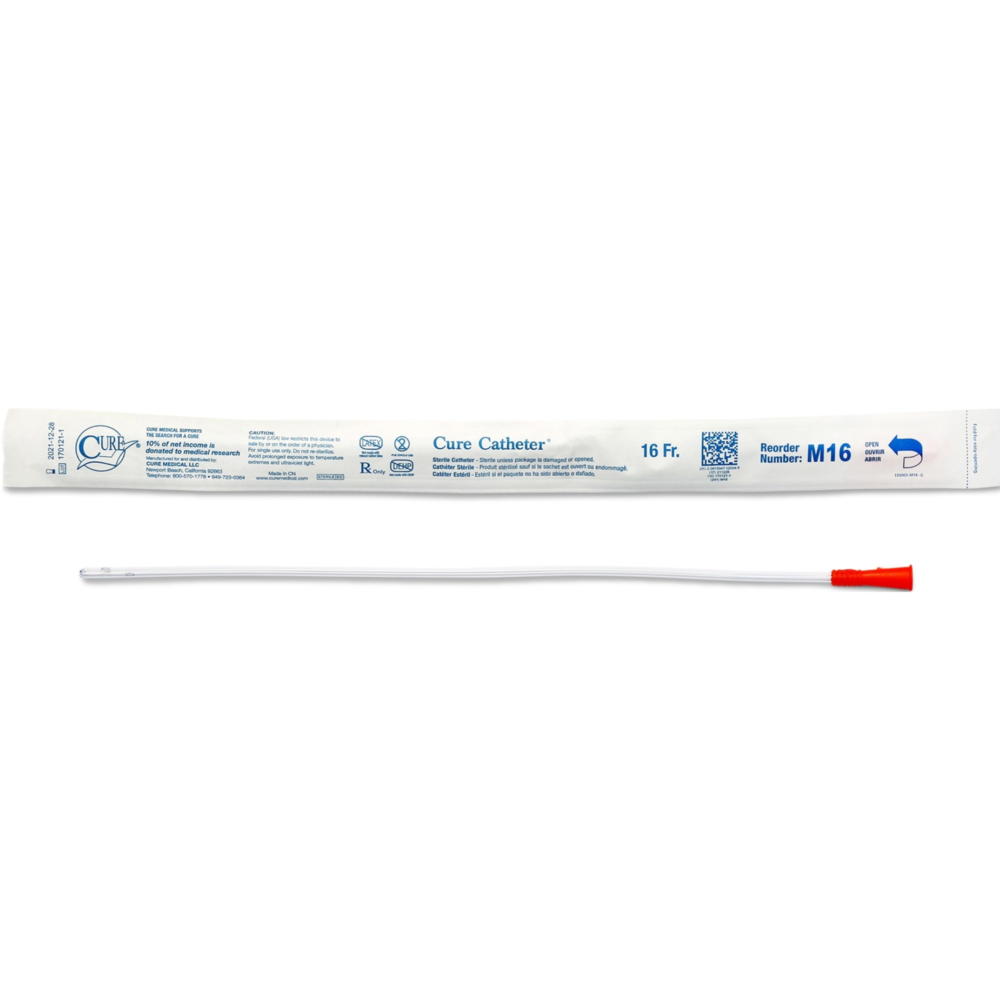 Cure Catheter Male Straight Tip Intermittent Catheter, 16"