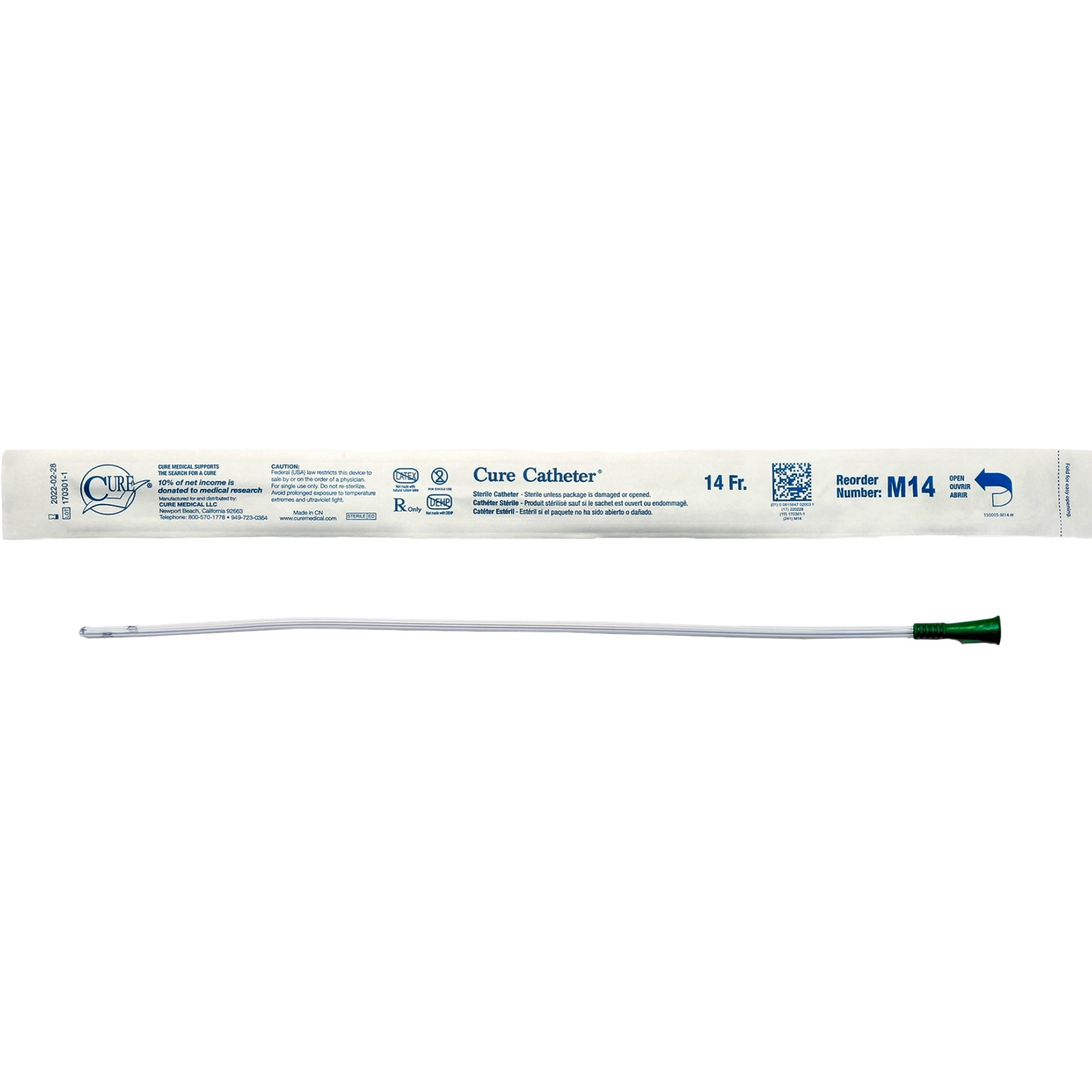 Cure Catheter Male Straight Tip Intermittent Catheter, 16"