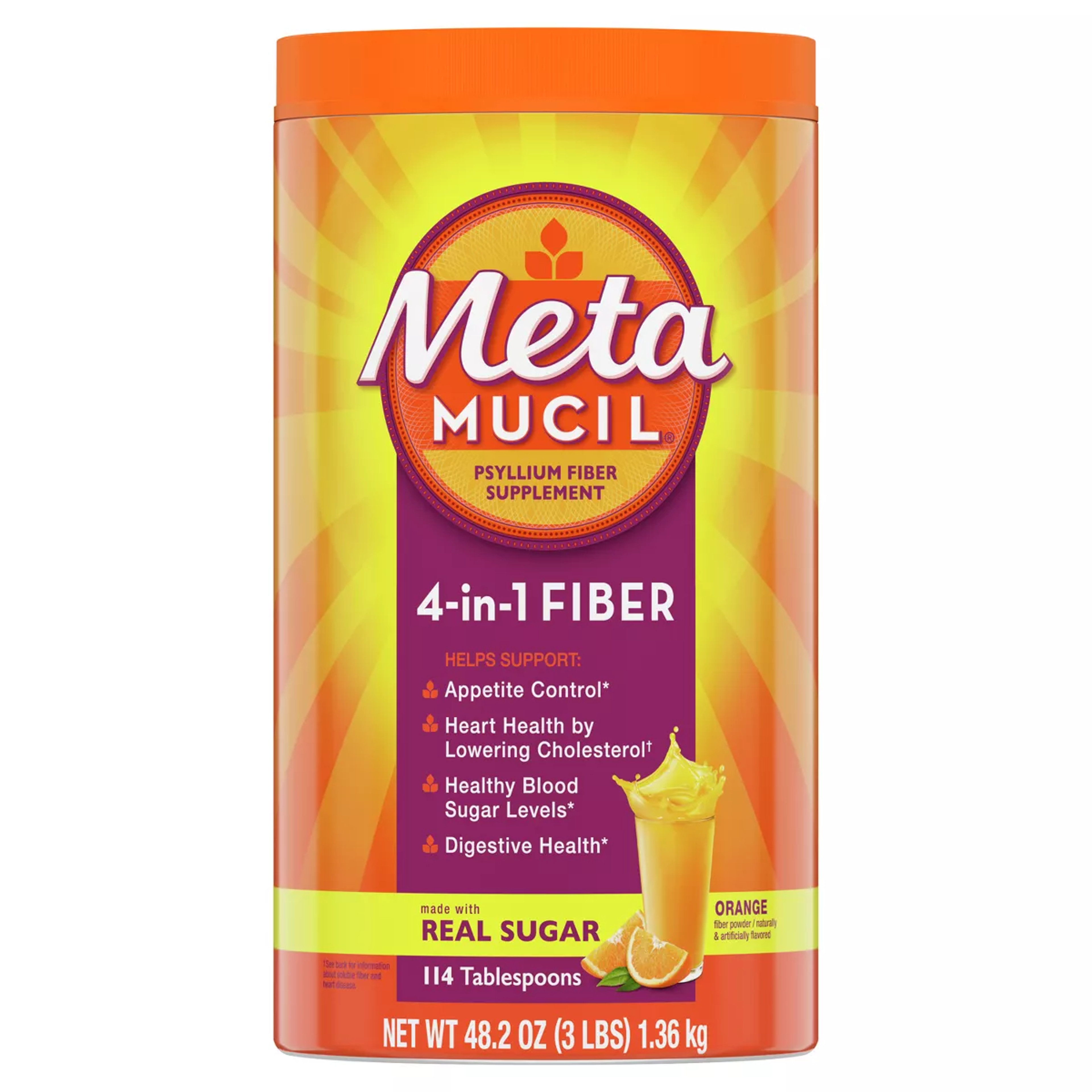 Metamucil Psyllium Fiber Supplement Powder with Real Sugar, Orange Smooth