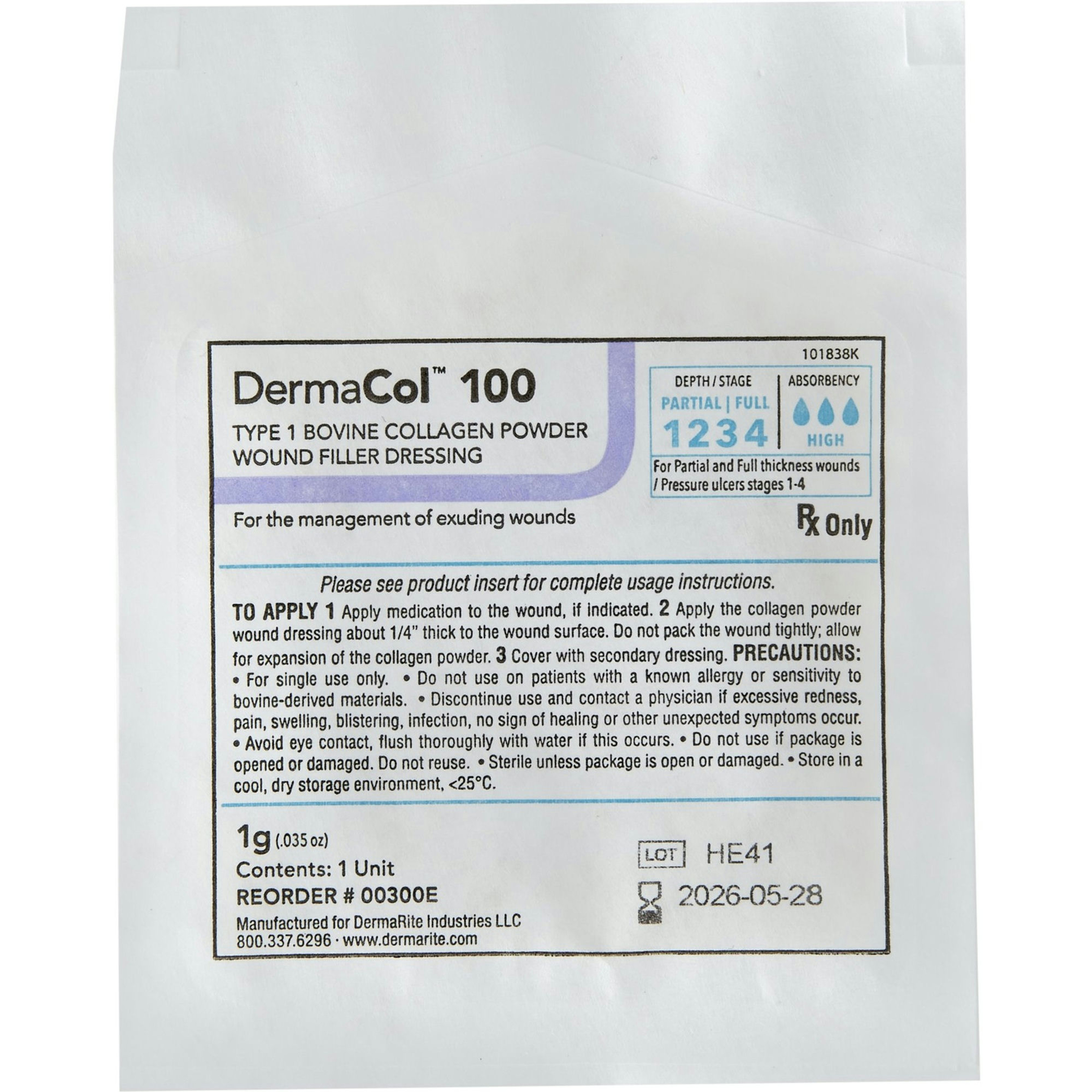DermaRite DermaCol 100 Type 1 Bovine Collagen Powder Wound Filler Dressing
