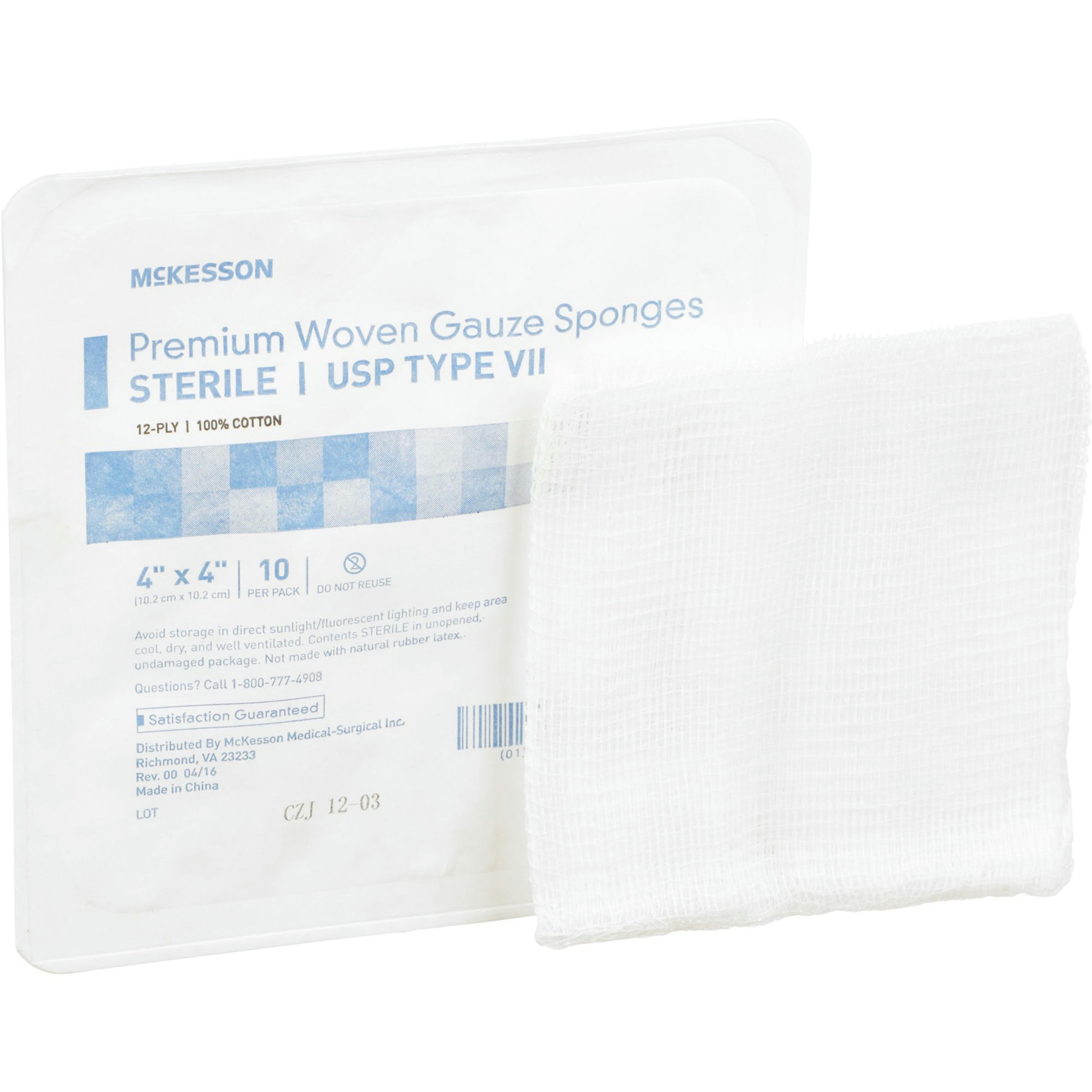 McKesson USP Type VII 12-Ply Premium Woven Gauze Sponges, 4 X 4"