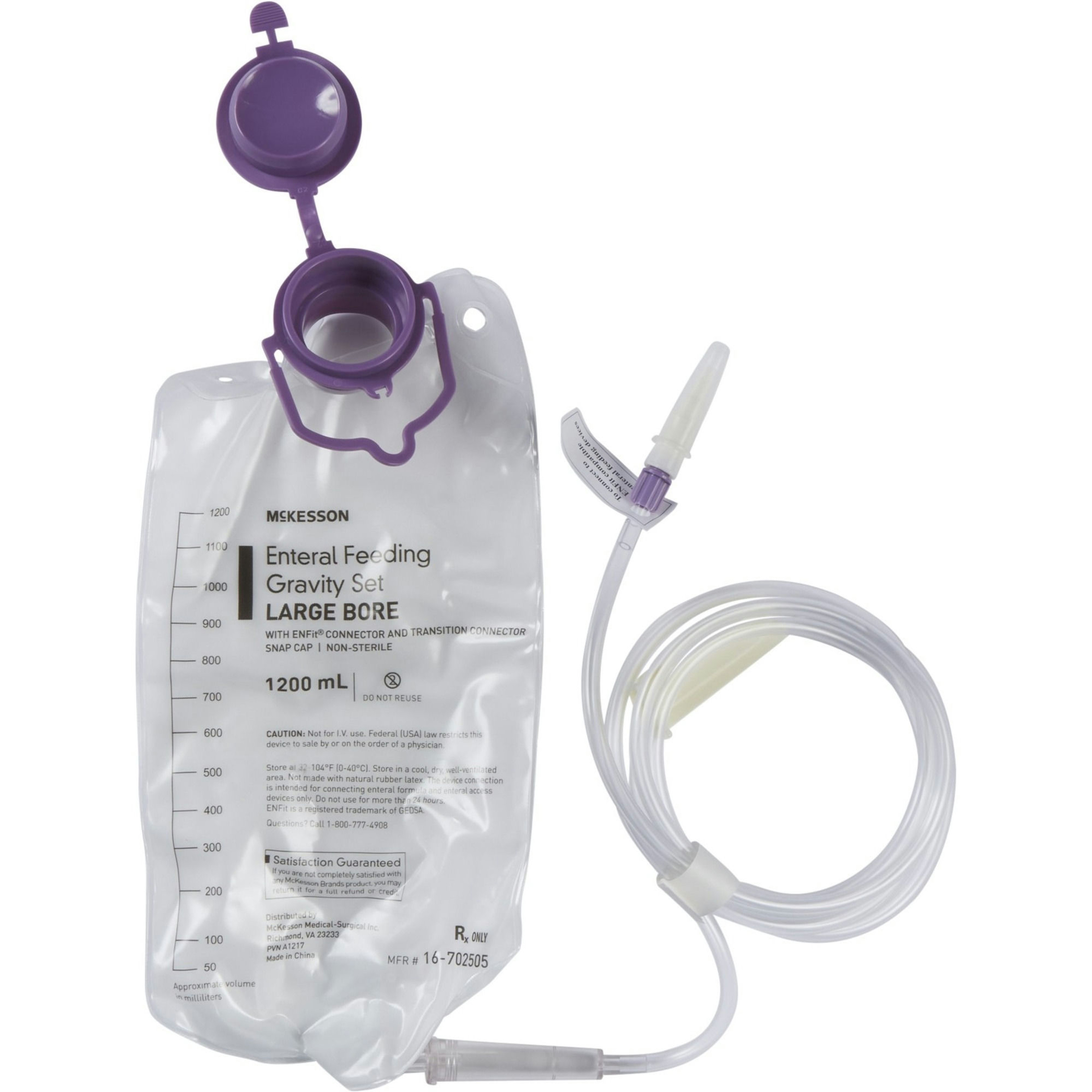 McKesson Gravity Feeding Bag Set with ENFit Connector, 1200 mL