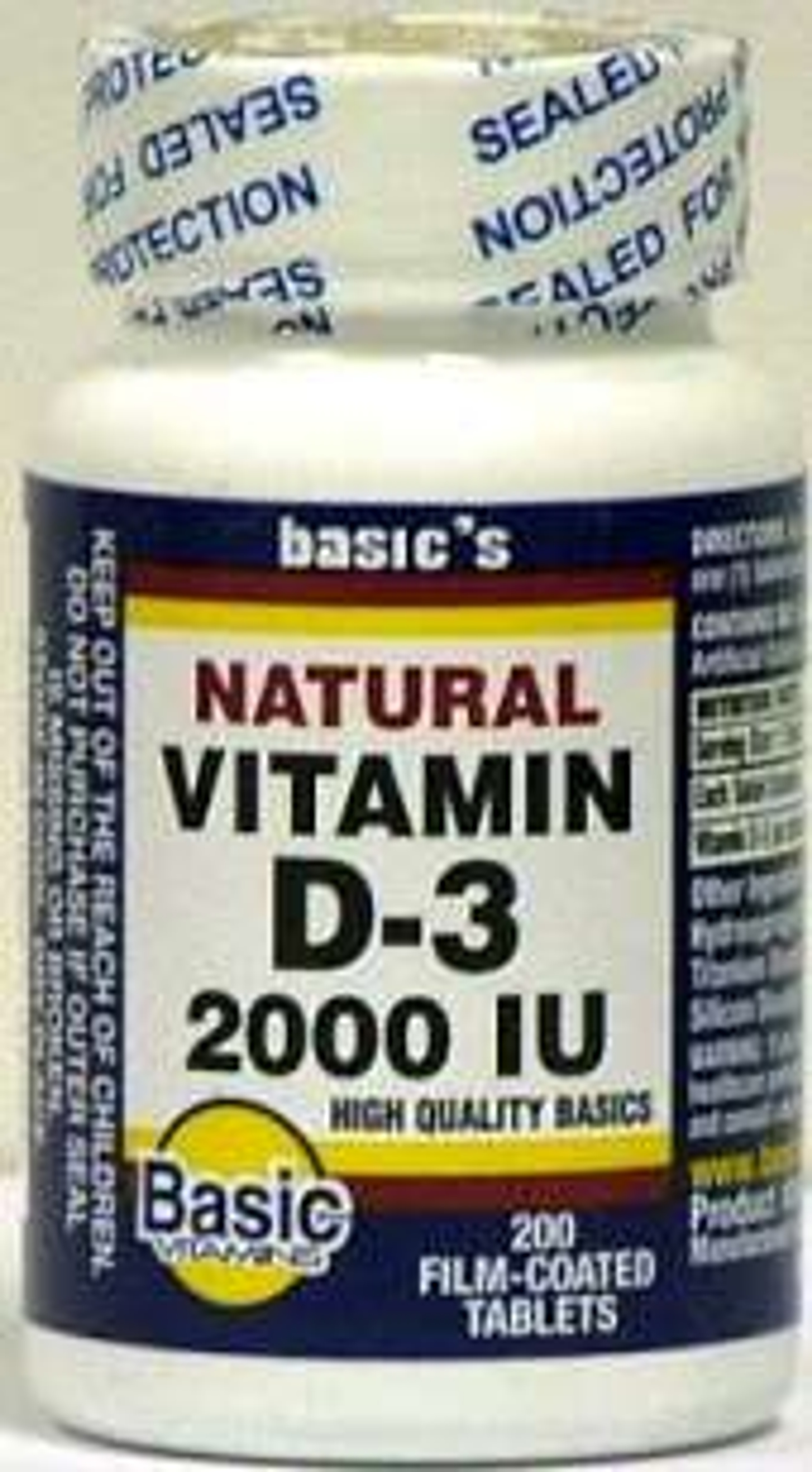 Basic's Natural Vitamin D-3 Supplement, 2000 IU, 200 Tablets