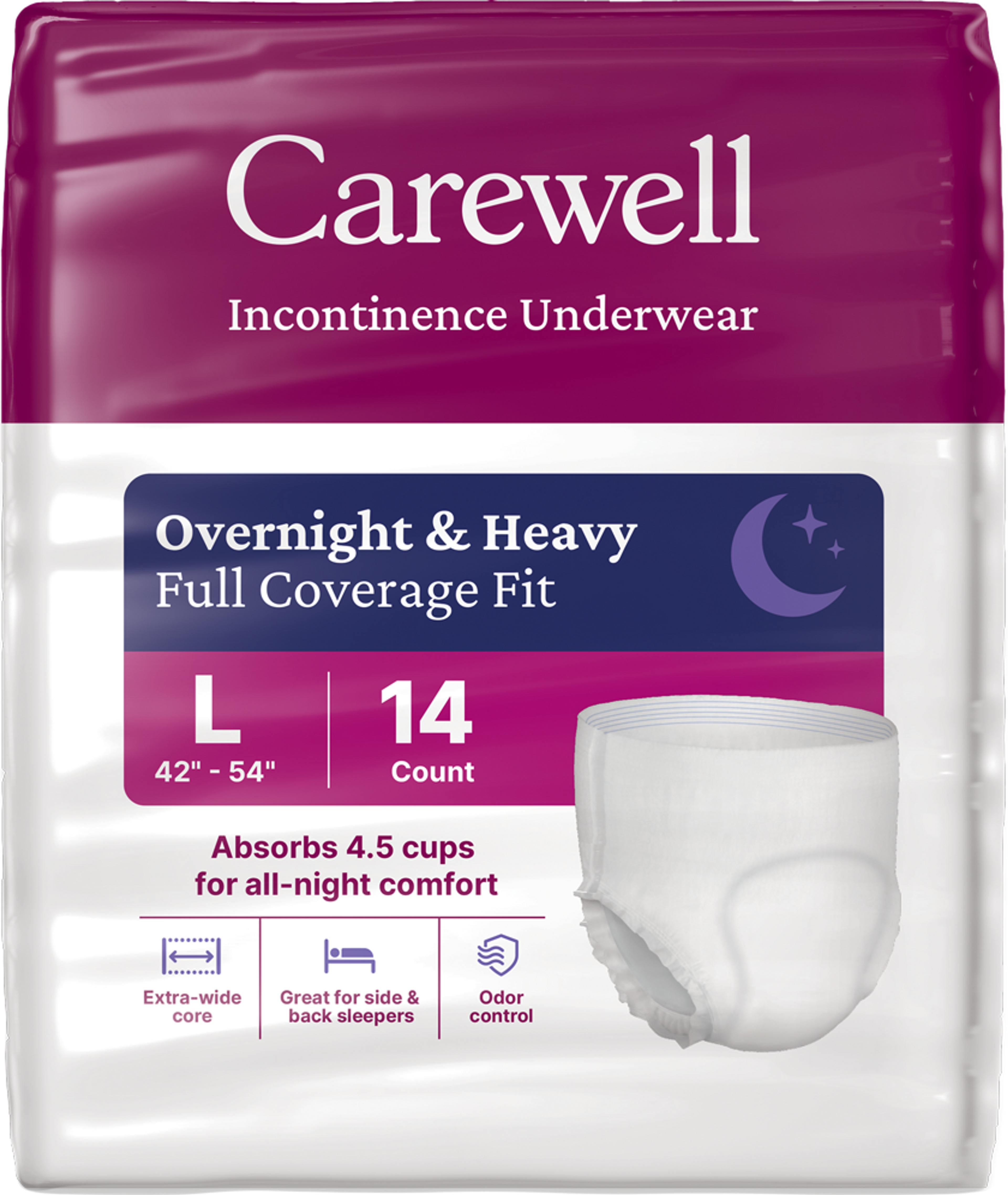 Carewell Premium Overnight Incontinence Underwear, Full Coverage Fit