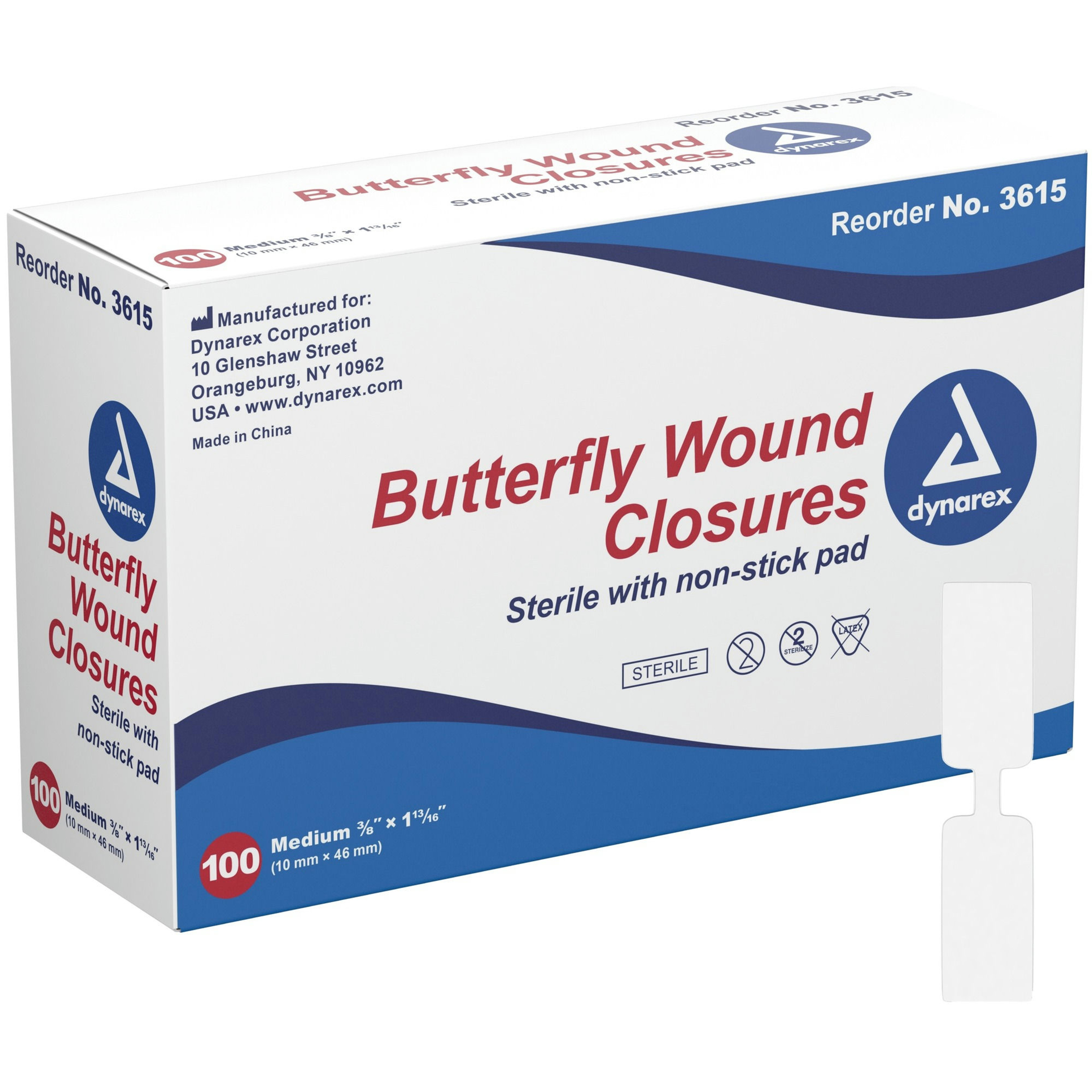 Dynarex Sterile with Non-Stick Pad Butterfly Wound Closures, 3/8 X 1-13/16'