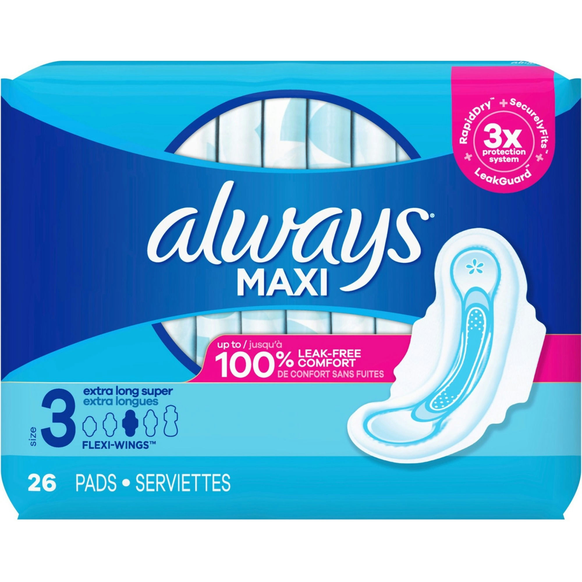 Always Maxi Pads with Wings,Size 3, Extra Long, Super Absorbency