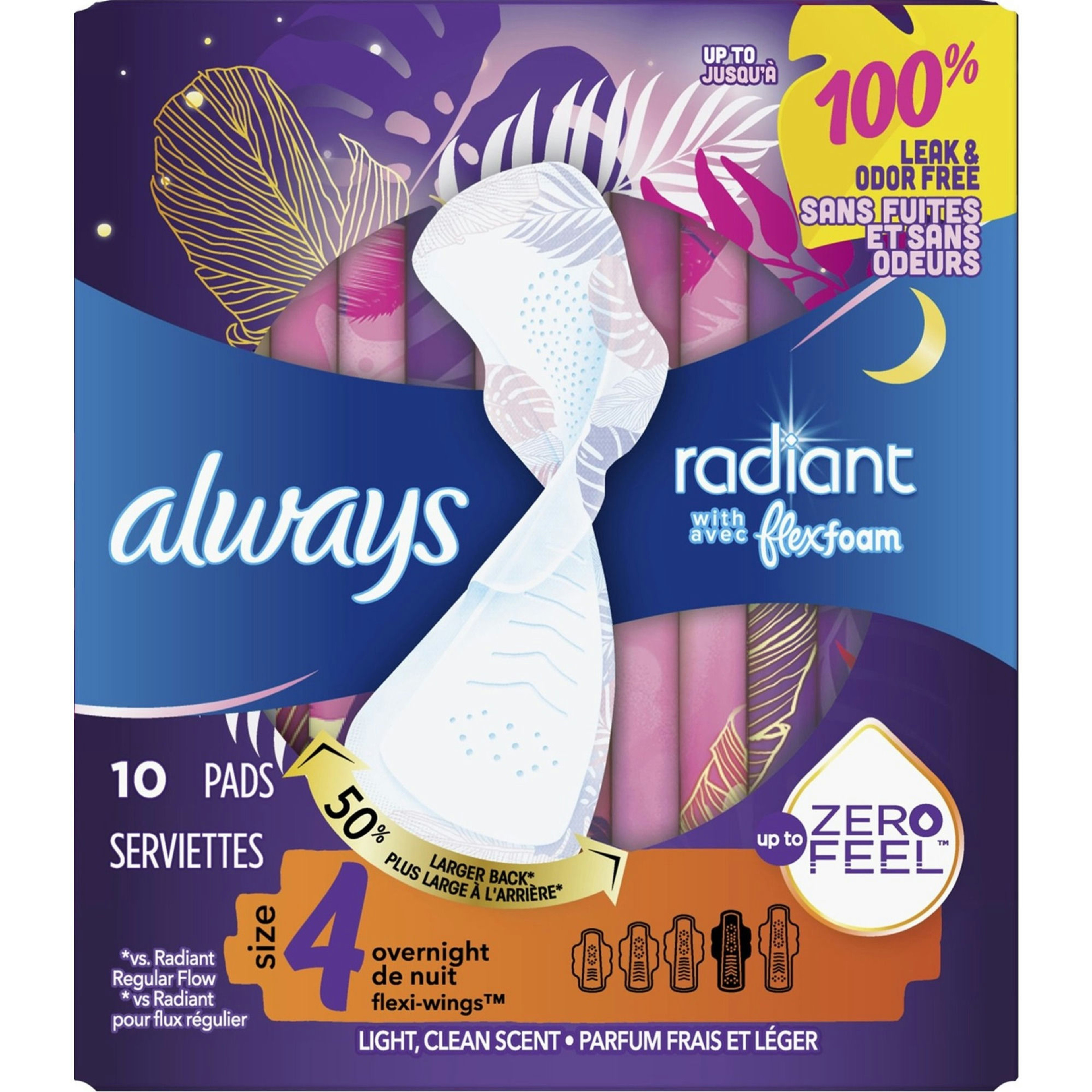 Always Radiant Pads, Size 4, Light Clean Scent, Overnight Absorbency