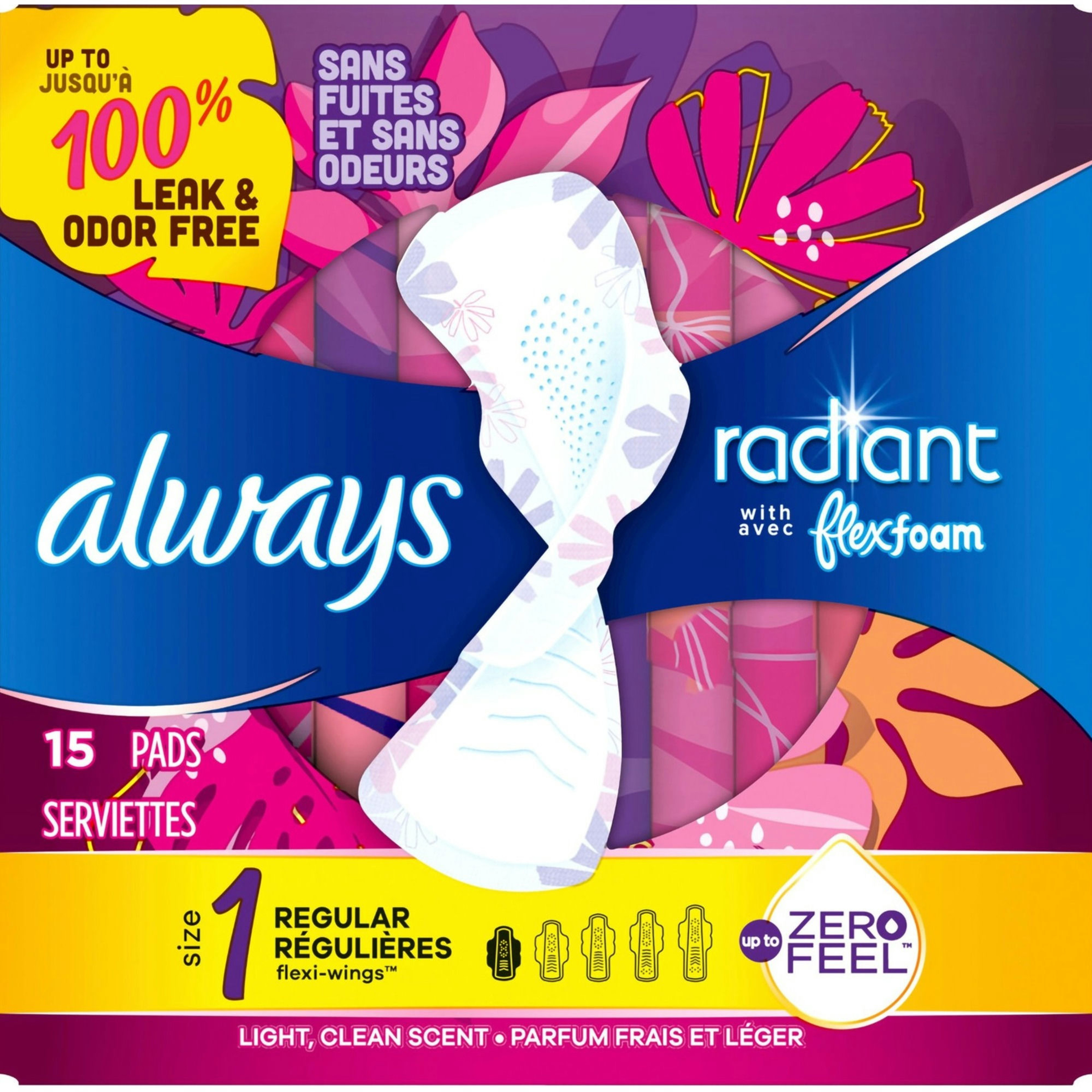 Always Radiant Pads, Size 1, Light Clean Scent, Regular Absorbency