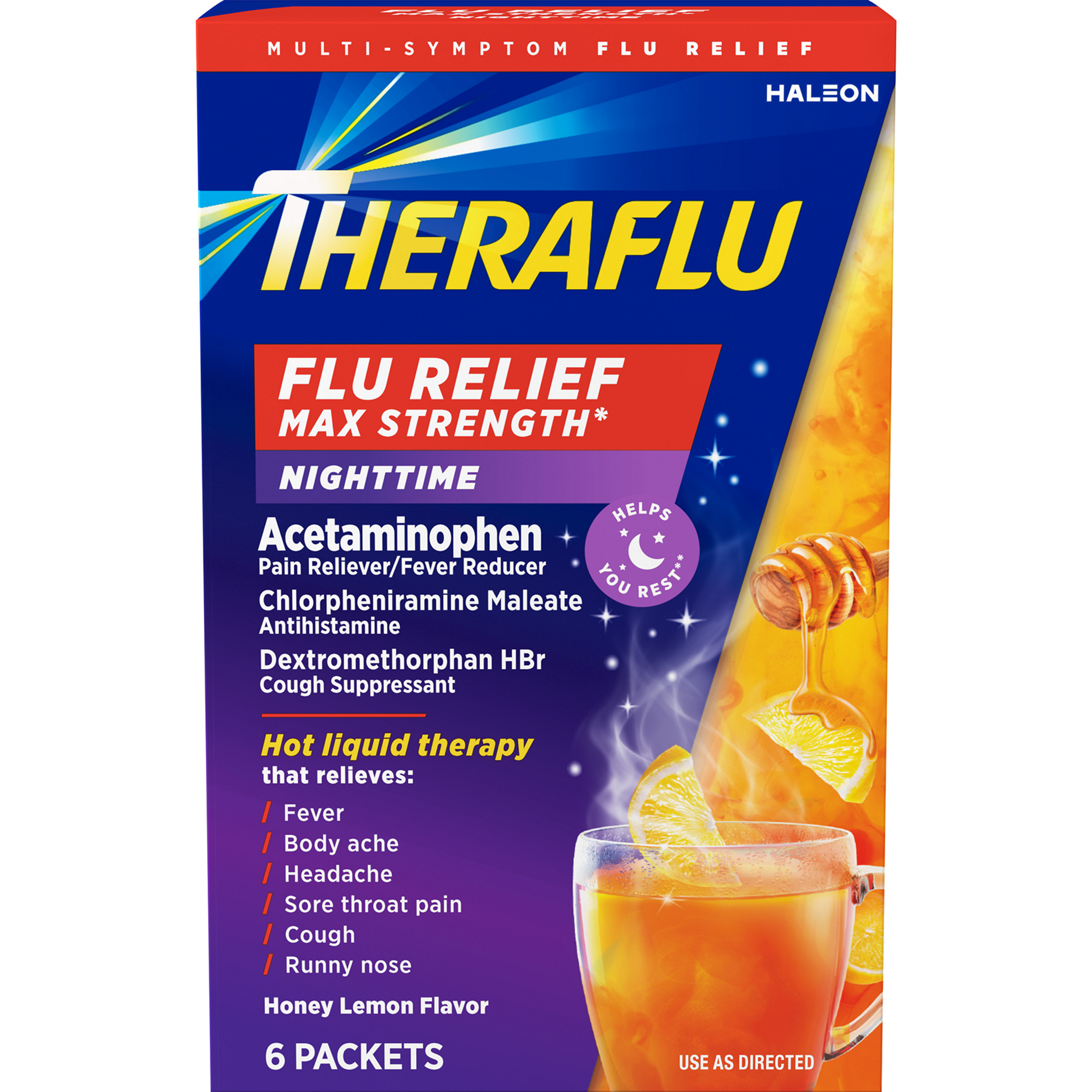 Theraflu Max Strength Nighttime Flu Symptom Relief with Acetaminophen and Dextromethorphan Powder