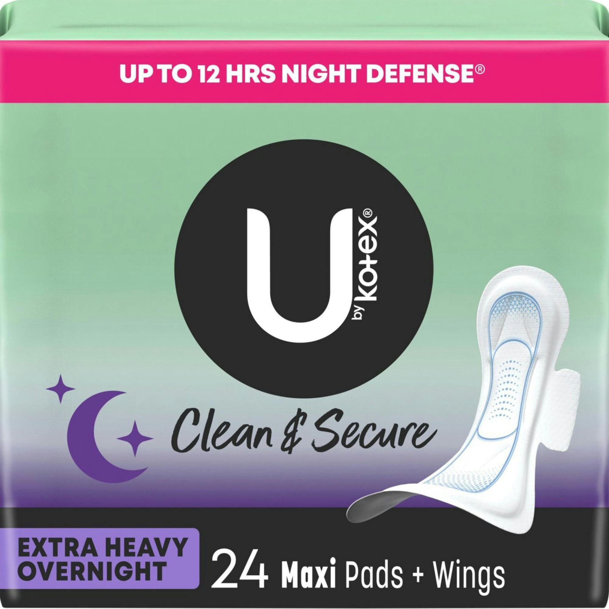 U by Kotex Clean & Secure Overnight Maxi Pads with Wings, Extra Heavy Absorbency