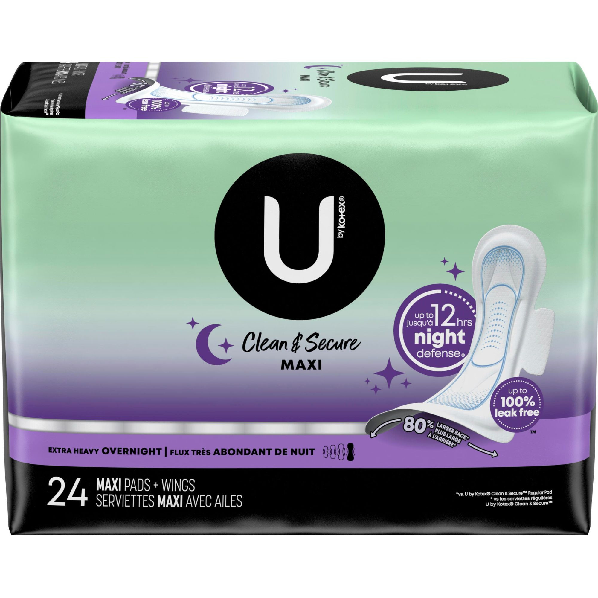 U by Kotex Clean & Secure Overnight Maxi Pads with Wings, Extra Heavy Absorbency