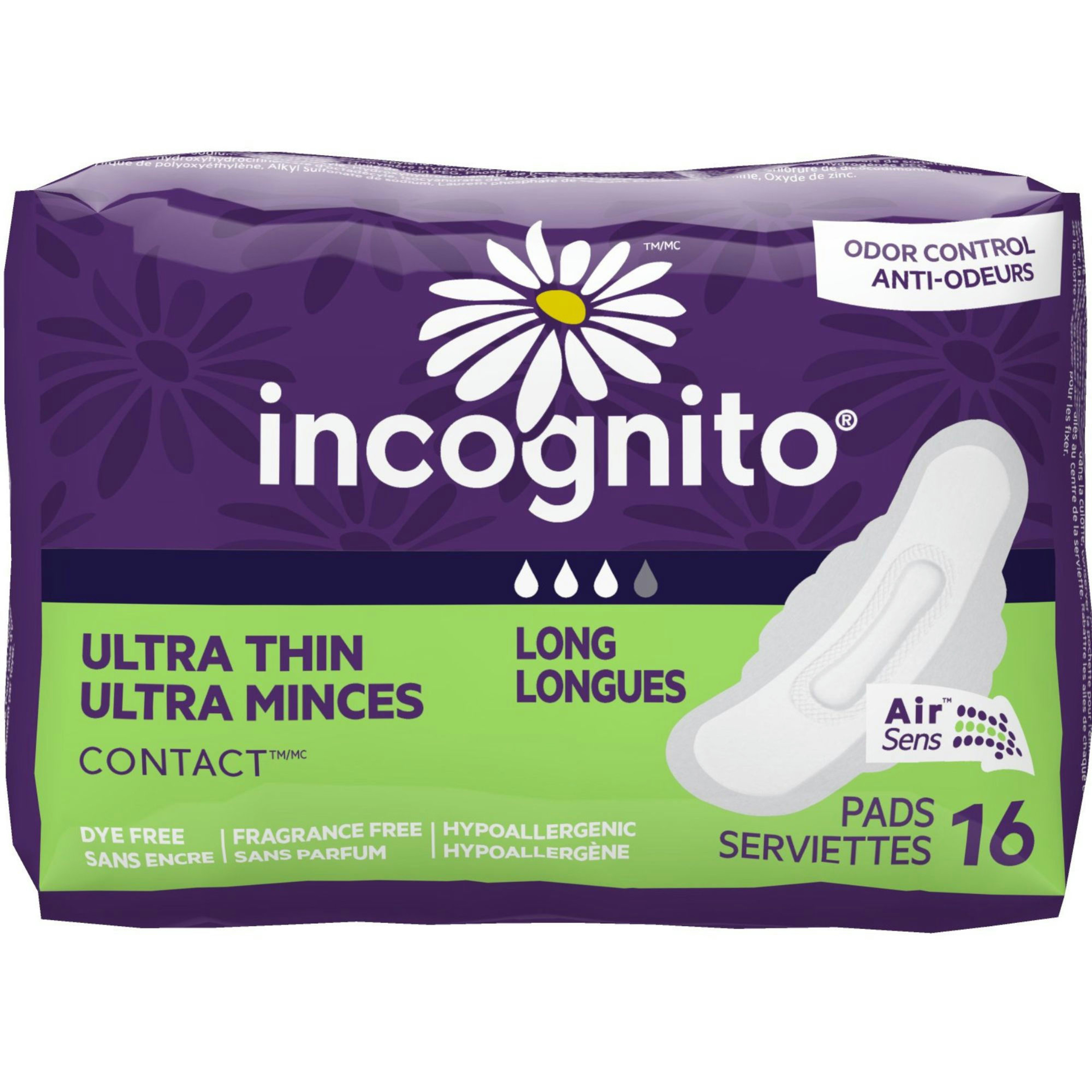 Incognito Ultra Thin Maxi Pad with Wings, Long, Super Absorbency