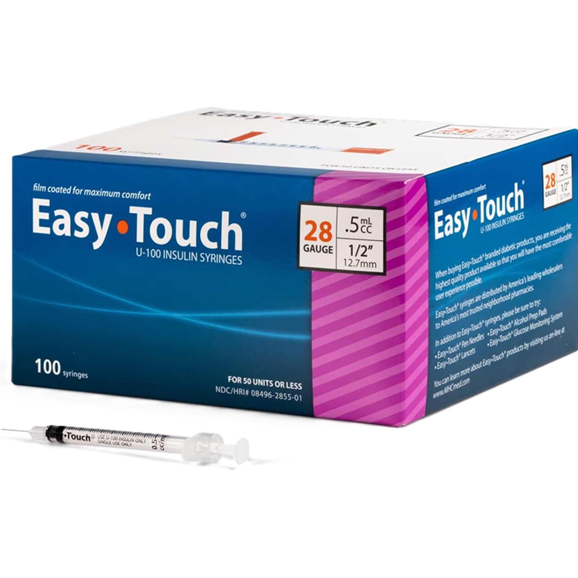 Easy Touch U-100 Insulin Syringe With Needle, 28 gauge