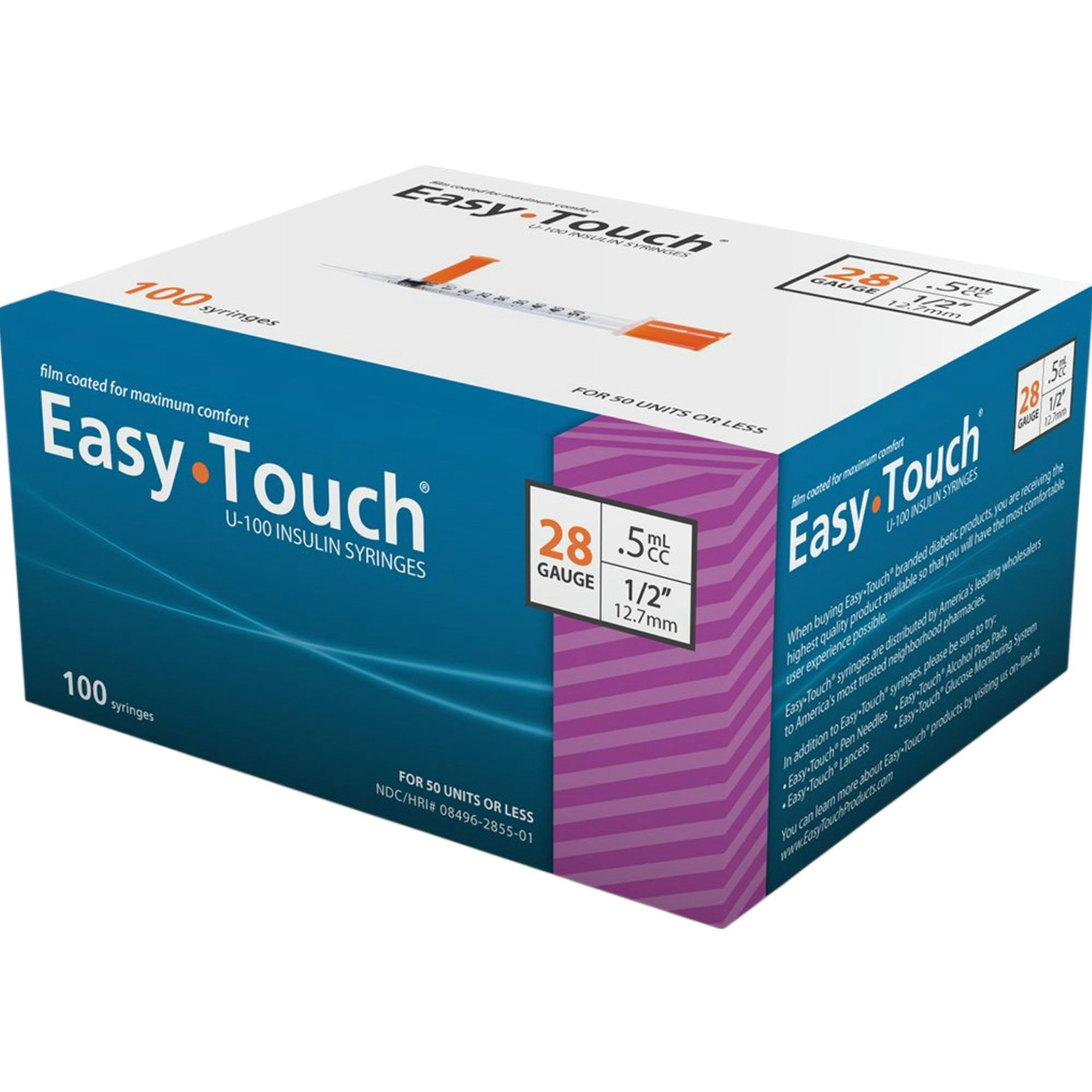 Easy Touch U-100 Insulin Syringe With Needle, 28 gauge
